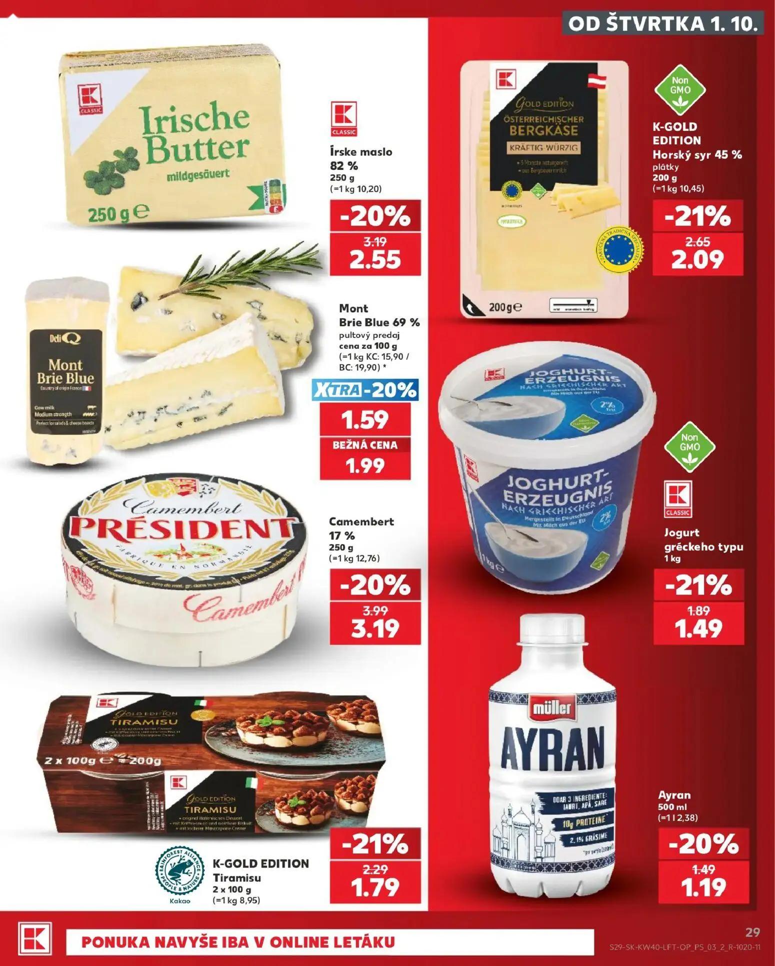 Kaufland leták, strana 29 z 76 — Camembert Président, Írske maslo, K-GOLD EDITION Horský syr