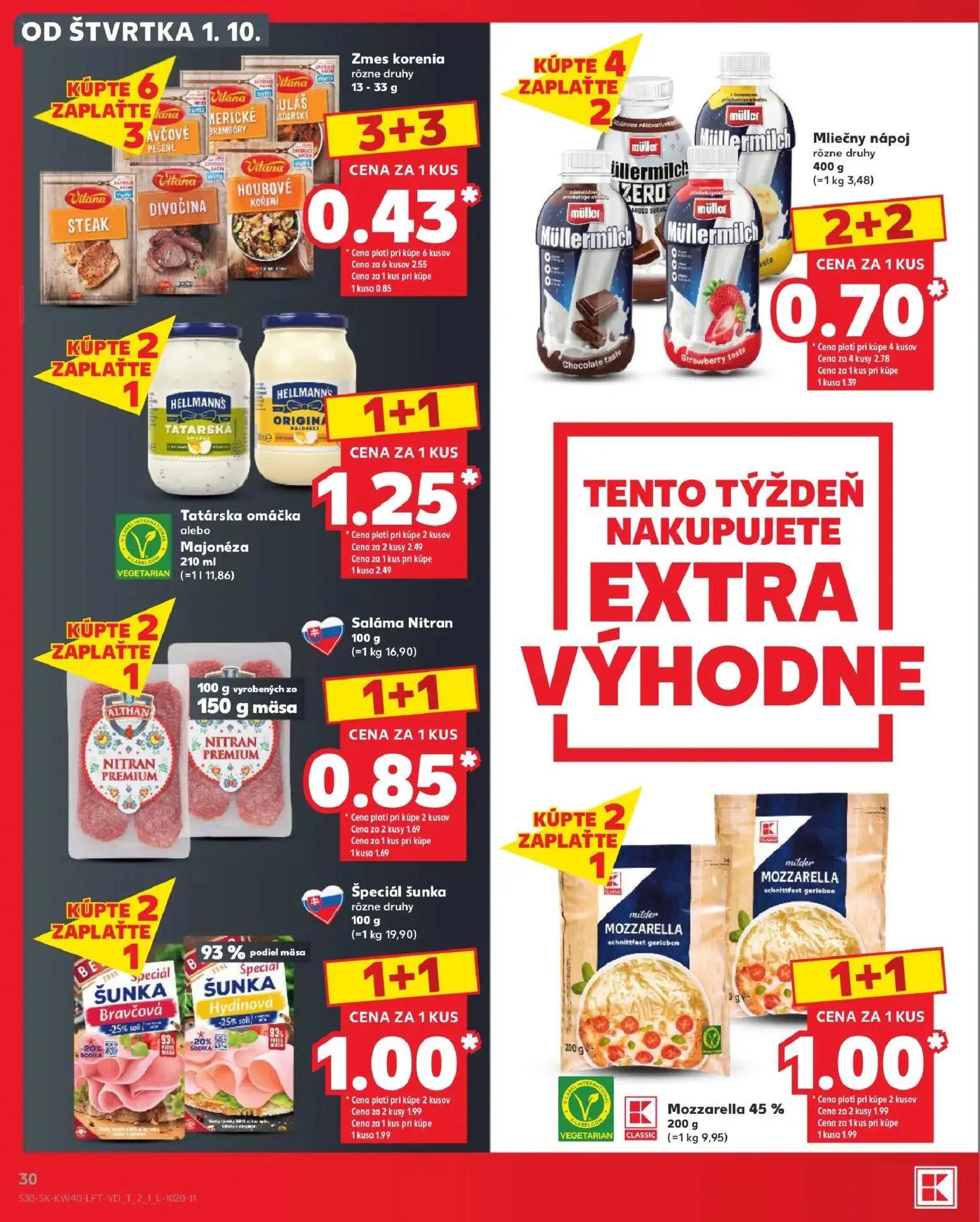 Kaufland leták, strana 30 z 76 — Tatárska omáčka alebo Majonéza, Špeciál šunka, Mozzarella 45 %