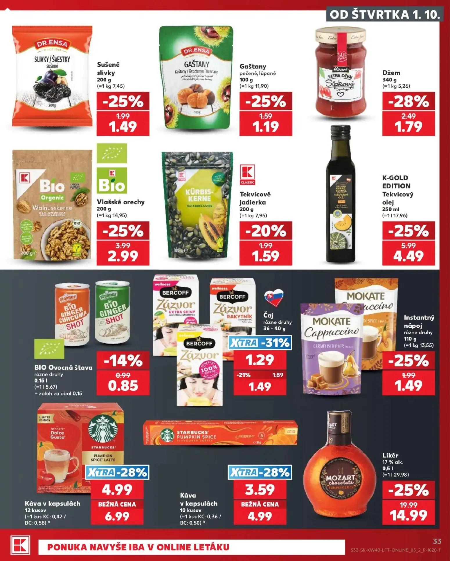 Kaufland leták, strana 33 z 76 — Likér 17% alk., Káva v kapsulách, K-GOLD EDITION Tekvicový olej