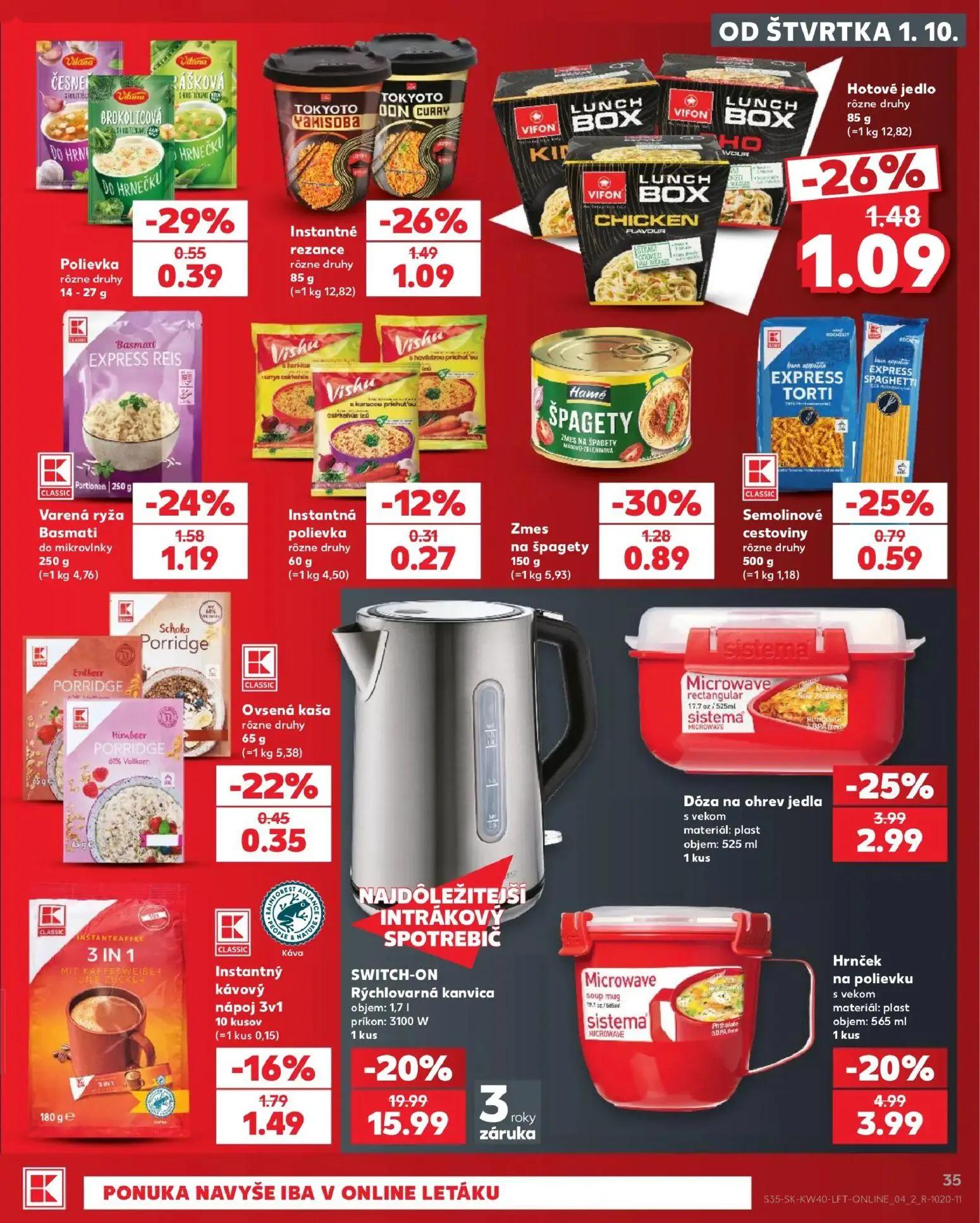 Kaufland leták, strana 35 z 76 — SWITCH-ON Rýchlovarná kanvica, Dóza na ohrev jedla s vekom, Hrnček na polievku s vekom