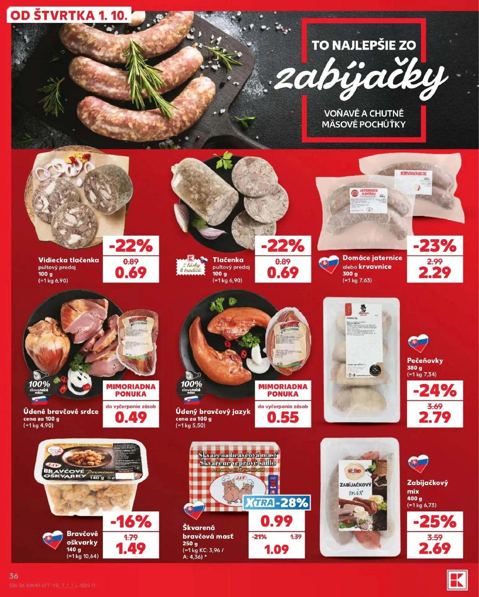 Kaufland leták, strana 36 z 76 — Pečeňovky, Zabíjačkový mix, Domáce jaternice alebo krvavnice