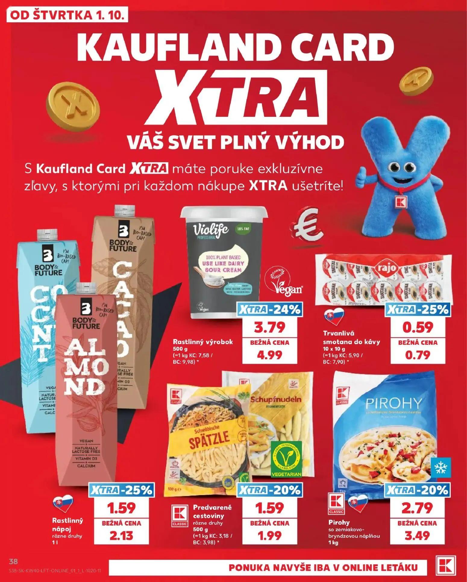 Kaufland leták, strana 38 z 76 — Rastlinný výrobok, Pirohy so zemiakovo-bryndzovou náplňou, Rastlinný nápoj rôzne druhy