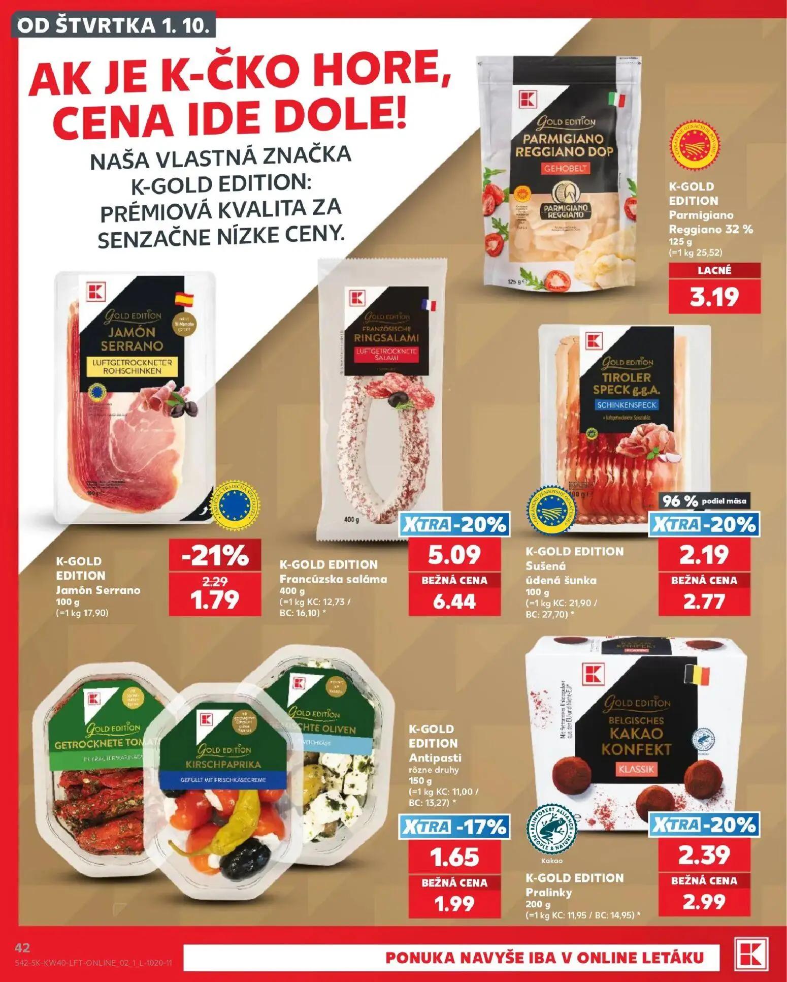 Kaufland leták, strana 42 z 76 — Francúzska saláma, Pralinky, Sušená údená šunka