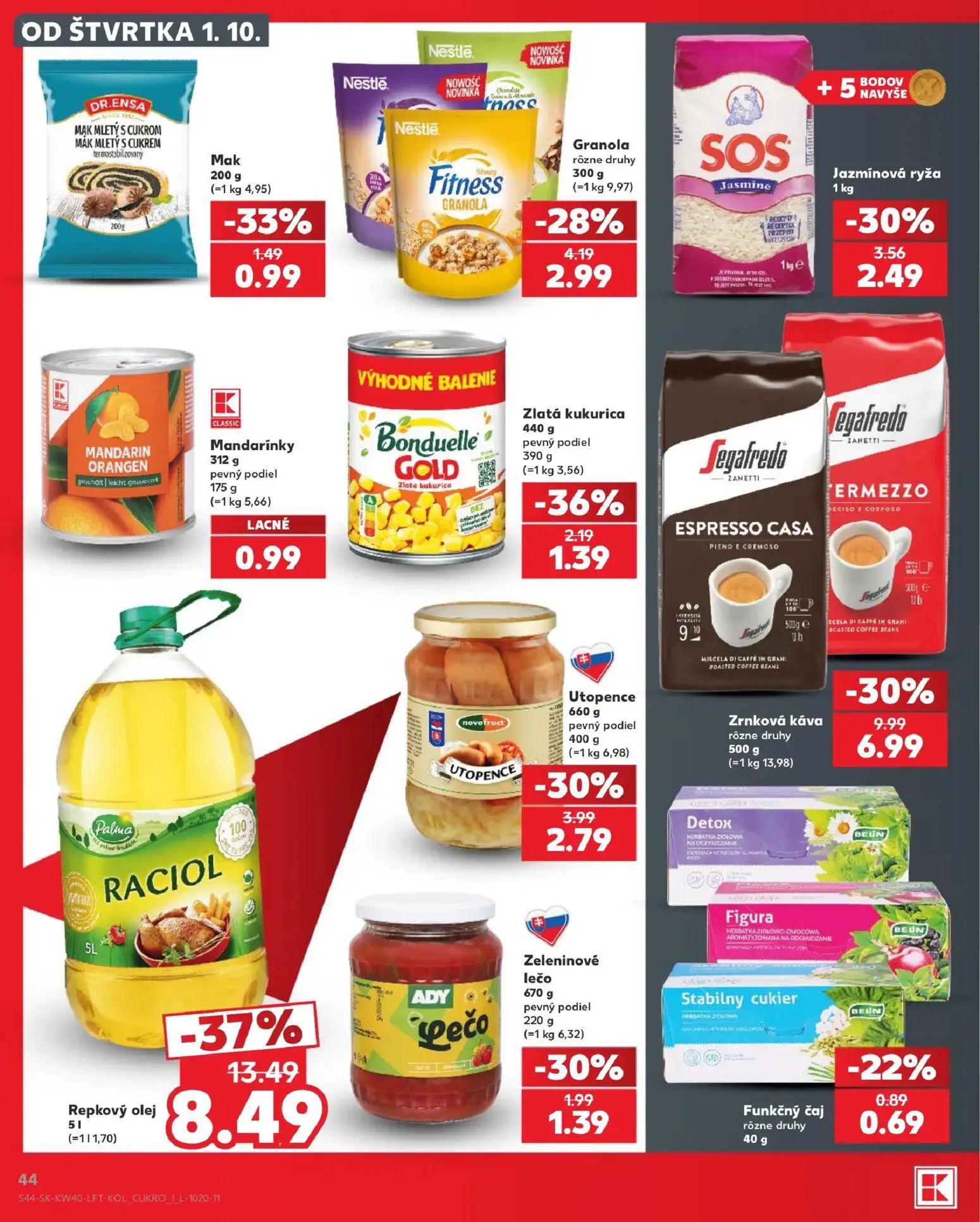 Kaufland leták, strana 44 z 76 — Repkový olej, Zrnková káva rôzne druhy, Granola rôzne druhy