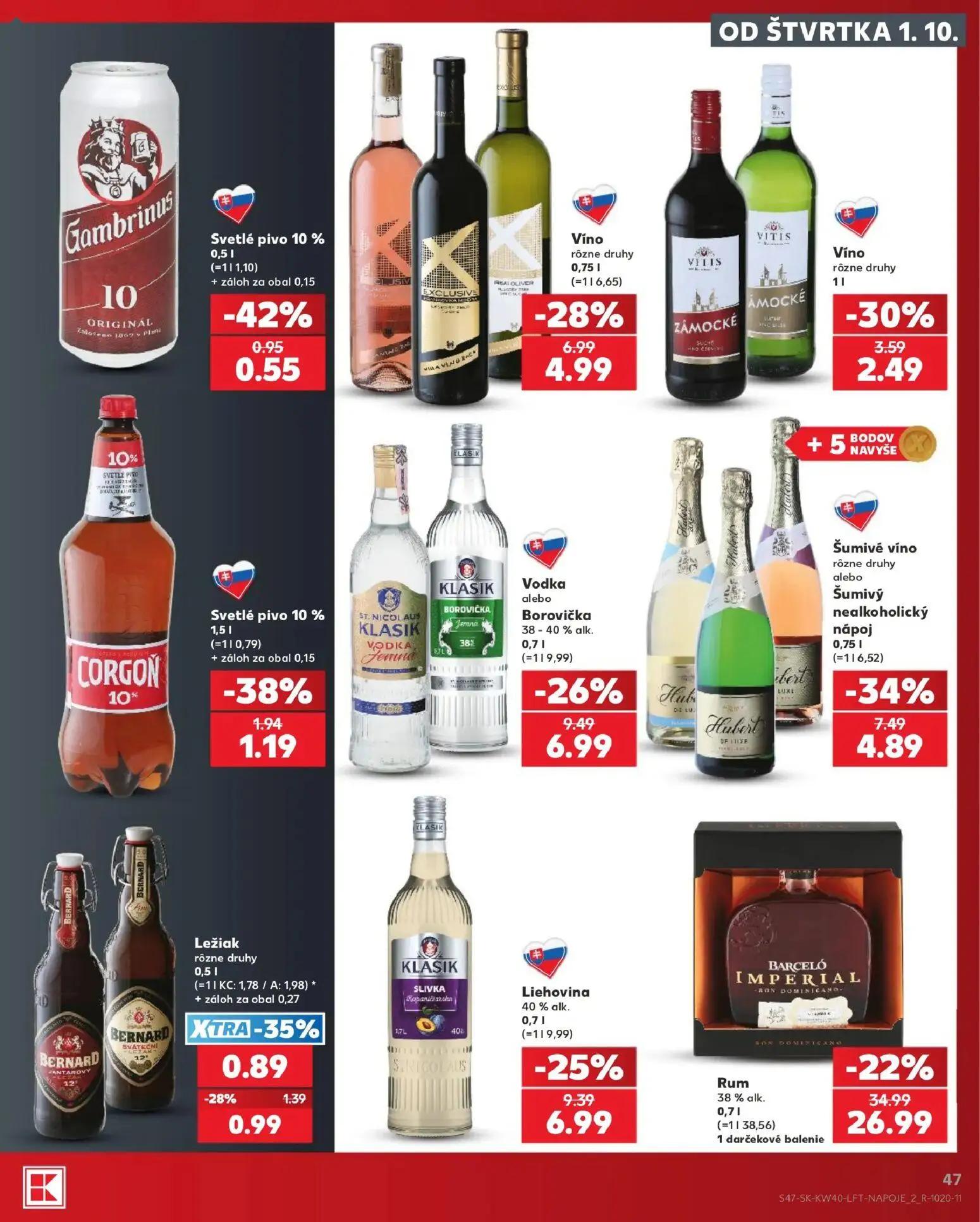Kaufland leták, strana 47 z 76 — Rum, Šumivé víno rôzne druhy alebo Šumivý nealkoholický nápoj, Vodka alebo Borovička