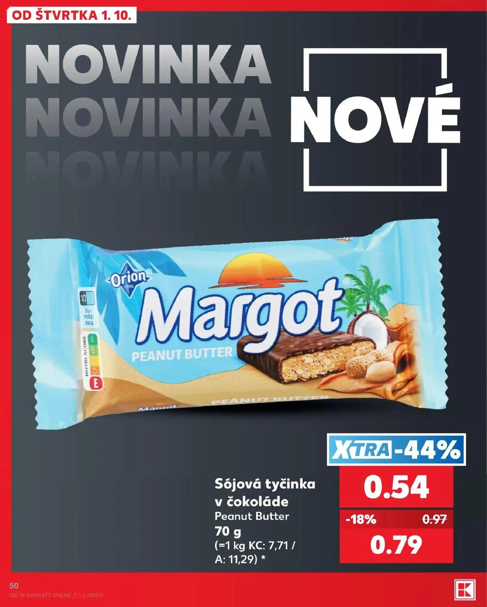 Kaufland leták, strana 50 z 76 — Margot Sójová tyčinka v čokoláde Peanut Butter