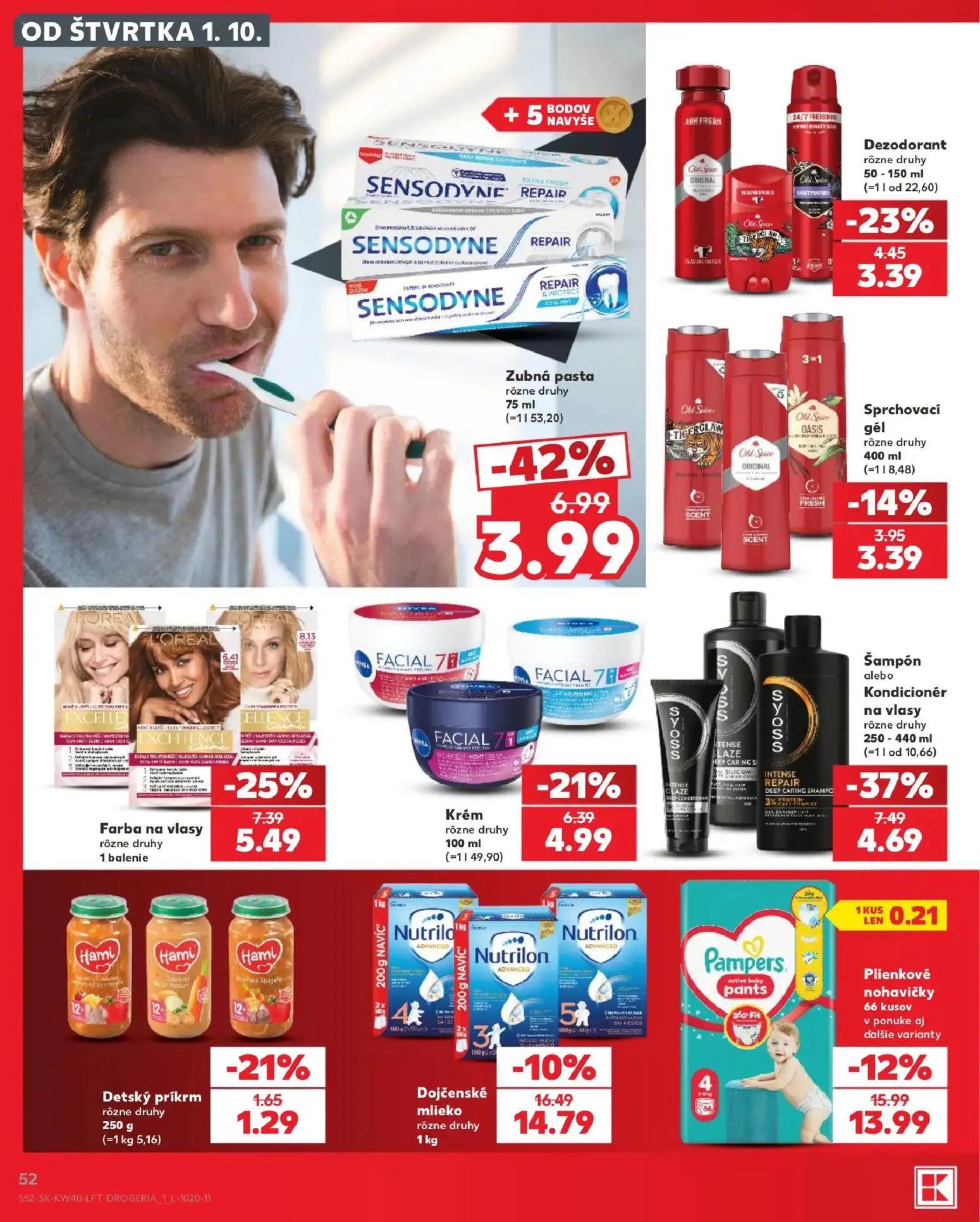 Kaufland leták, strana 52 z 76 — Zubná pasta Sensodyne, Šampón alebo Kondicionér na vlasy Syoss, Plienkové nohavičky Pampers…