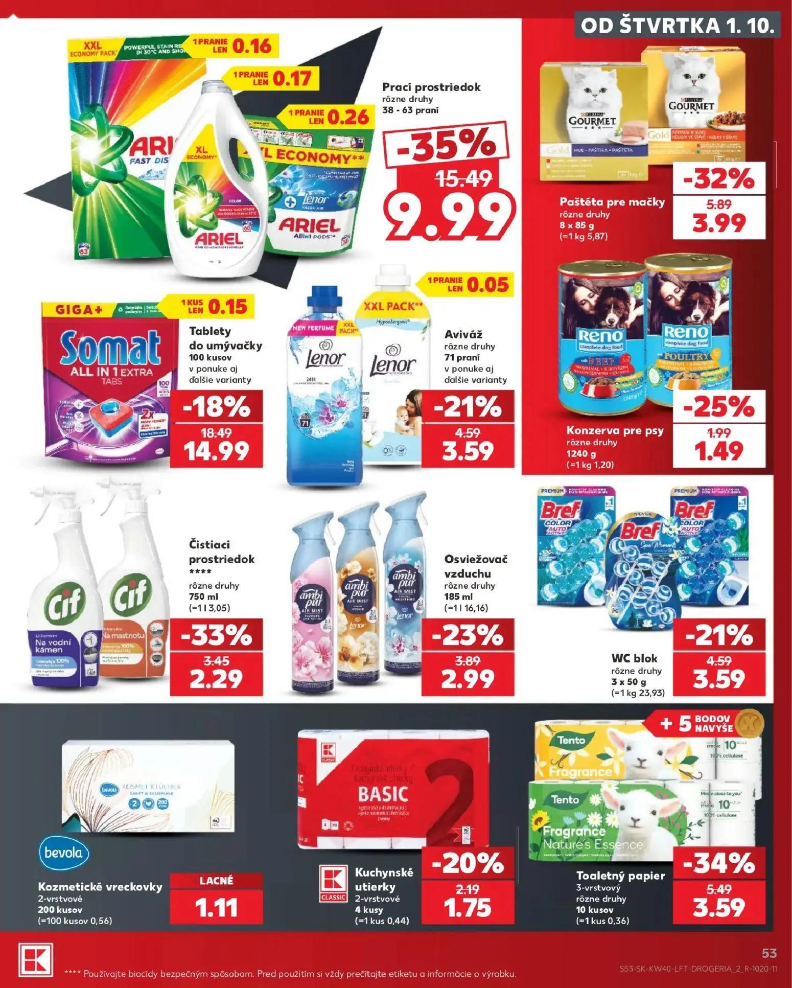 Kaufland leták, strana 53 z 76 — Prací prostriedok Ariel, Tablety do umývačky Somat ALL IN 1 EXTRA TABS, Paštéta pre mačky G…