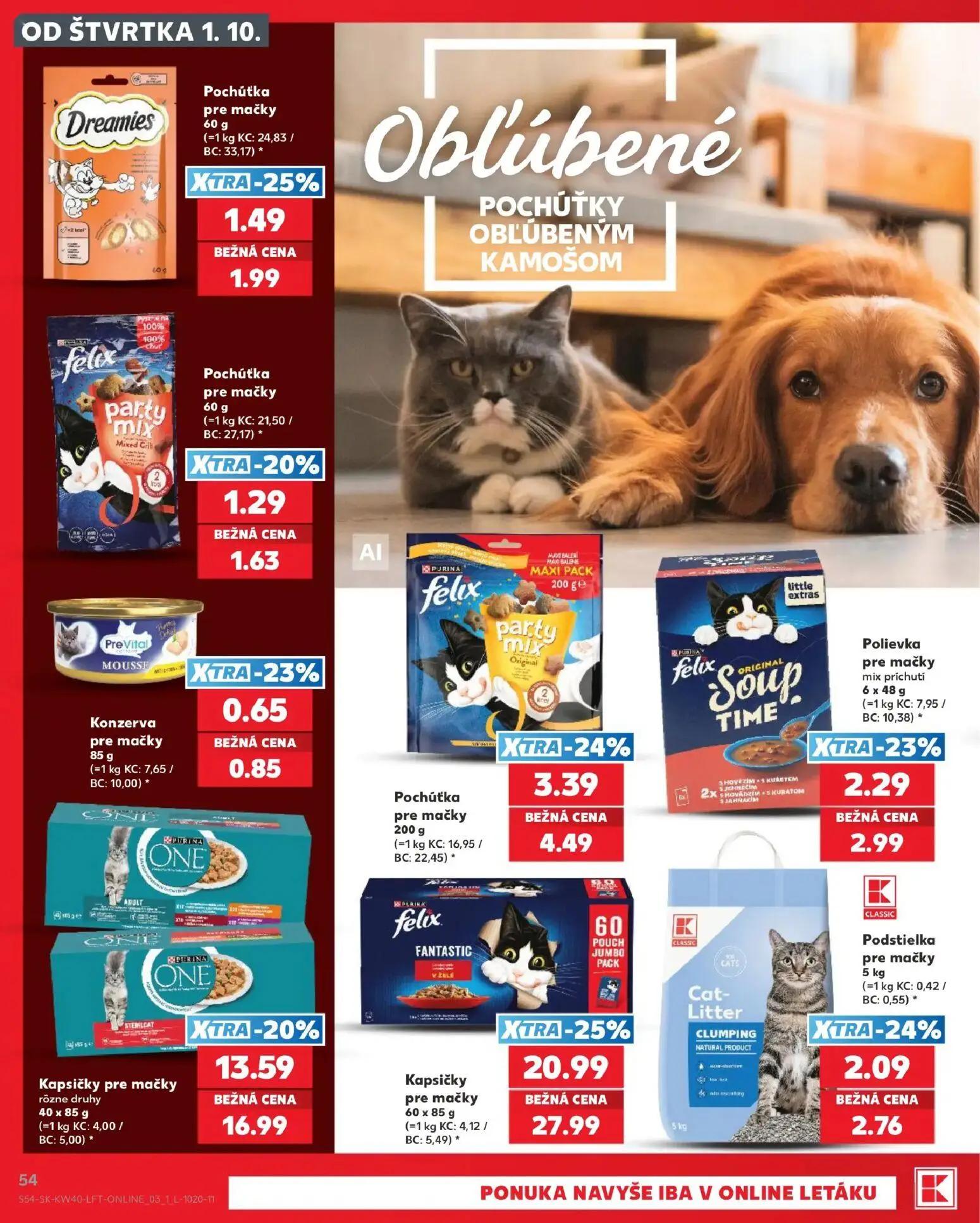 Kaufland leták, strana 54 z 76 — Kapsičky pre mačky Felix FANTASTIC POUCH JUMBO PACK, Kapsičky pre mačky Purina ONE rôzne dr…