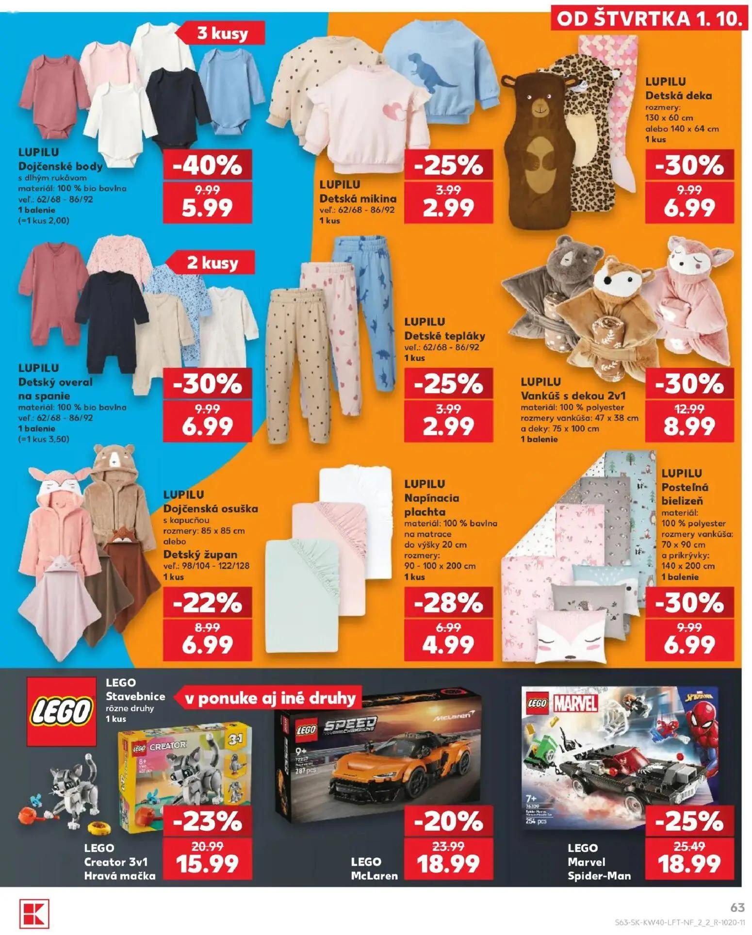 Kaufland leták, strana 63 z 76 — LEGO Marvel Spider-Man, LEGO Creator 3v1 Hravá mačka, LEGO McLaren