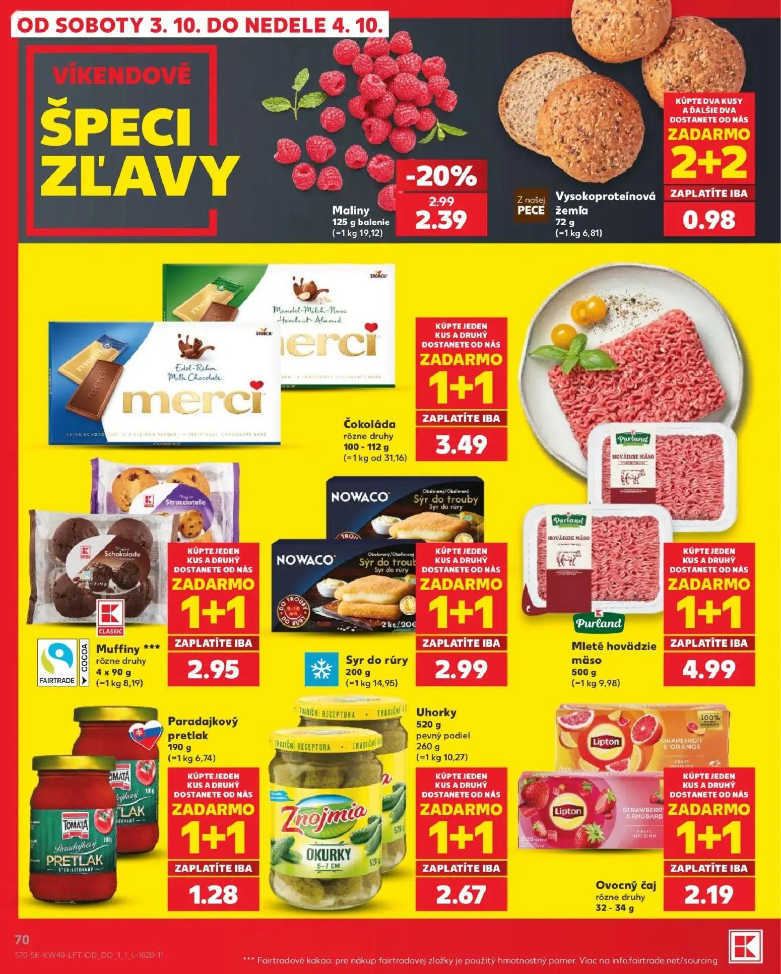 Kaufland leták, strana 70 z 76 — Maliny, Vysokoproteínová žemľa, Čokoláda