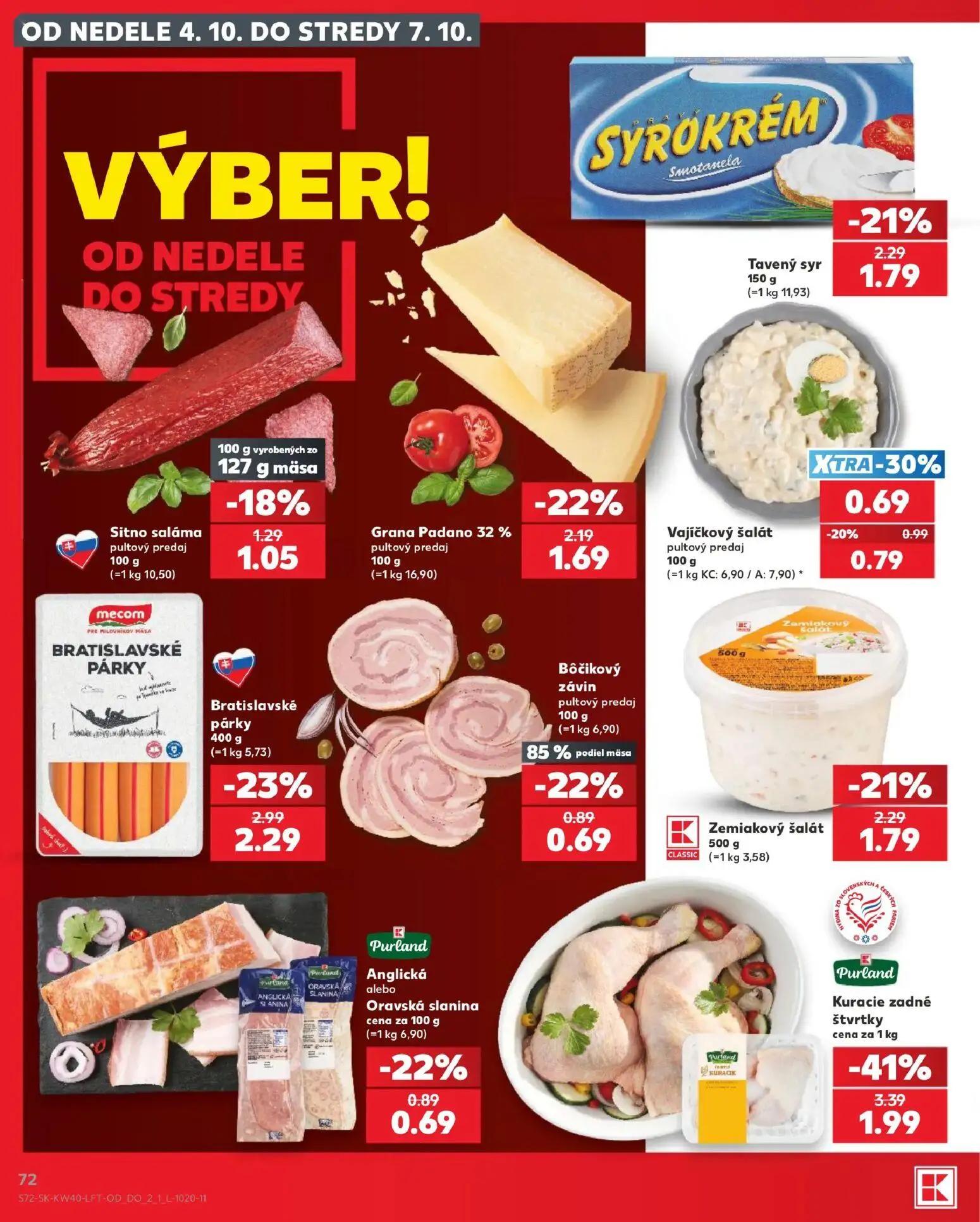Kaufland leták, strana 72 z 76 — Kuracie zadné štvrťky, Bratislavské párky, Tavený syr