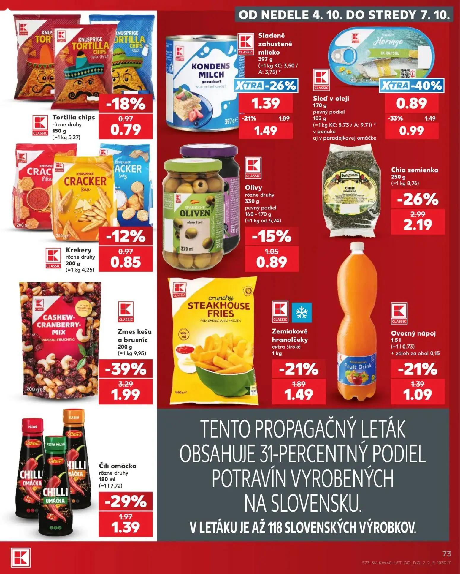 Kaufland leták, strana 73 z 76 — Zmes kešu a brusníc, Chia semienka, Sleď v oleji