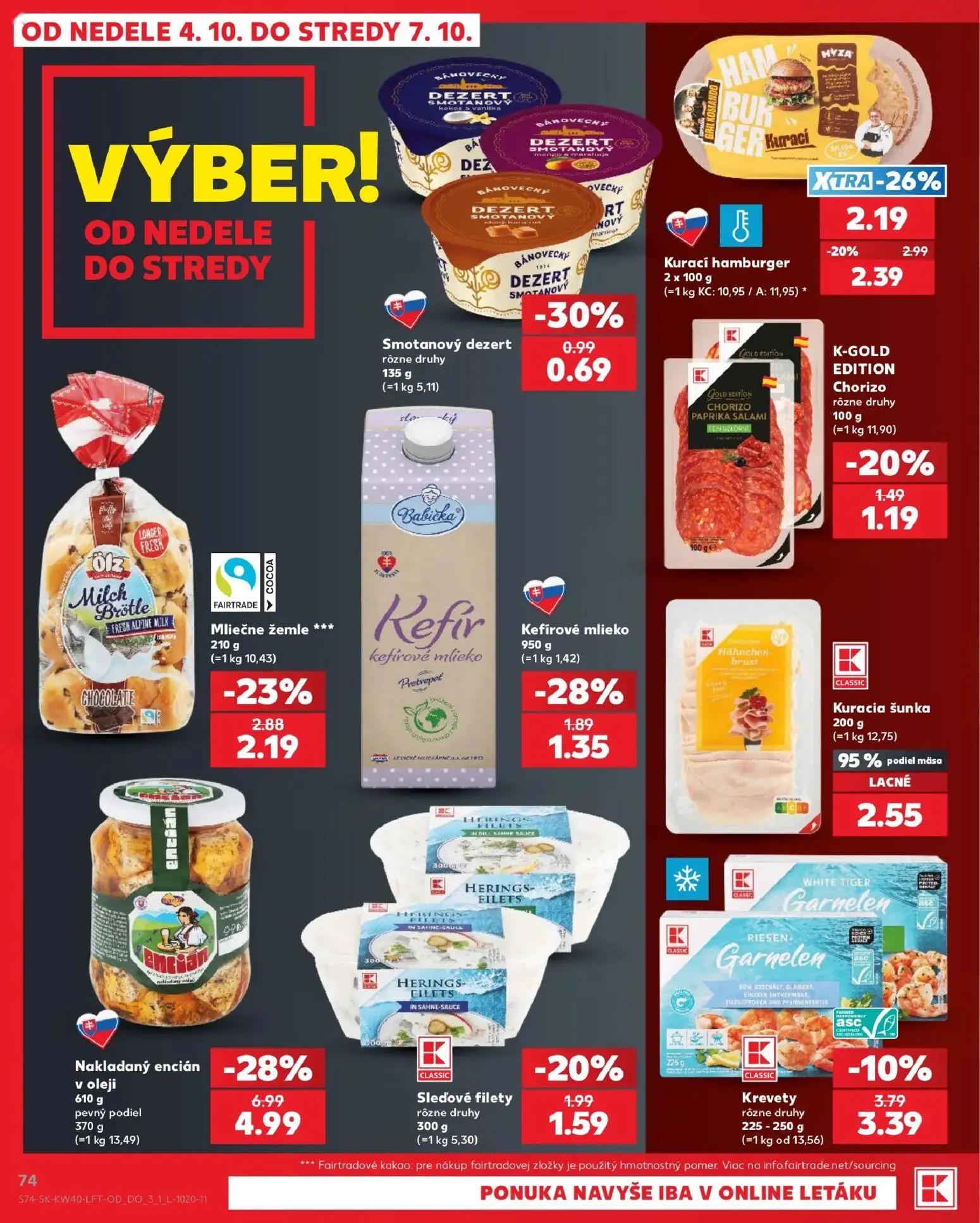 Kaufland leták, strana 74 z 76 — Nakladaný encián v oleji, Mliečne žemle, Kurací hamburger