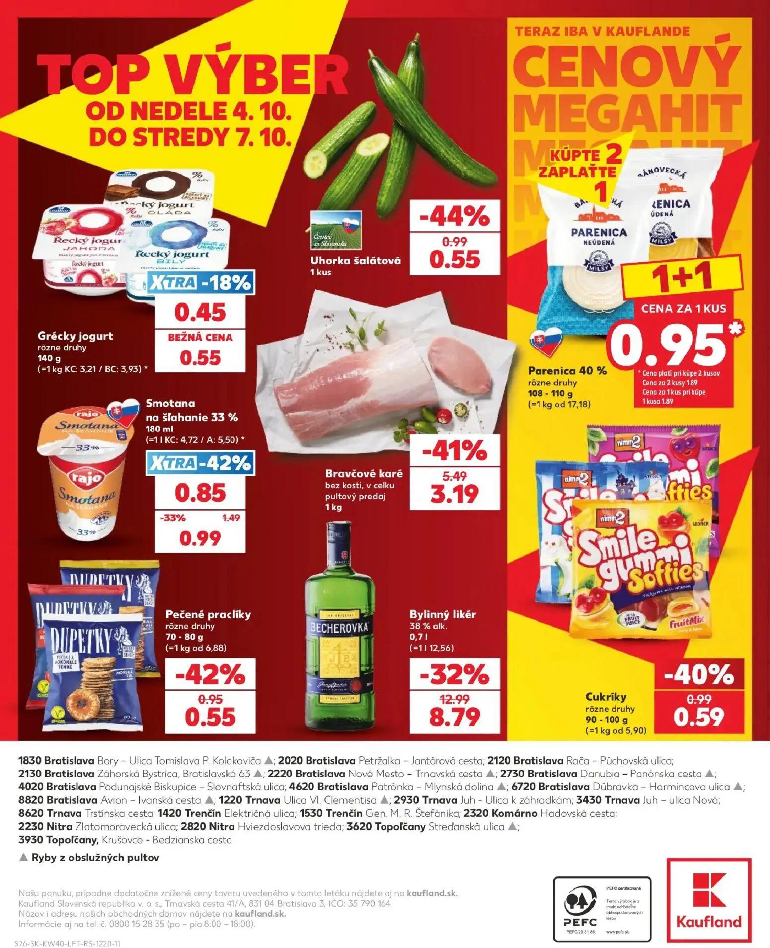 Kaufland leták, strana 76 z 76 — Bylinný likér 38% alk., Bravčové karé bez kosti, v celku pultový predaj, Smotana na šľahani…