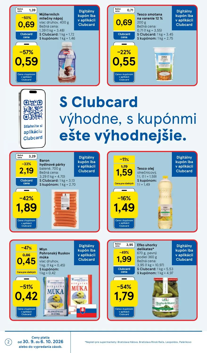 Tesco Supermarket leták, strana 2 z 30 — Efko uhorky delikates*, Baron hydinové párky balené, Müllermilch mliečny nápoj viac…