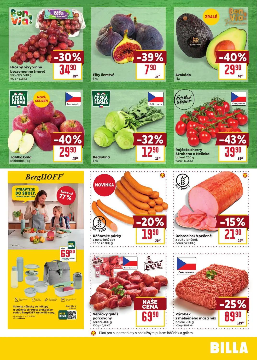 Billa leták, strana 3 z 8 — Rajčata cherry Strabena a Nelinka, Výrobek z mělněného masa mix, Avokádo