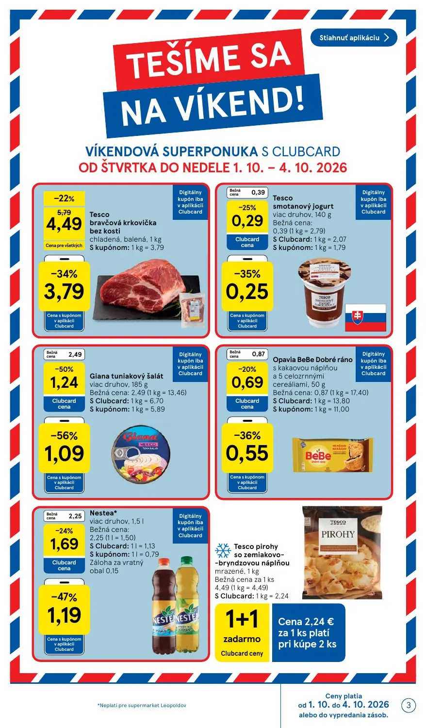 Tesco Supermarket leták, strana 3 z 30 — Tesco bravčová krkovička bez kosti, Giana tuniakový šalát, Nestea