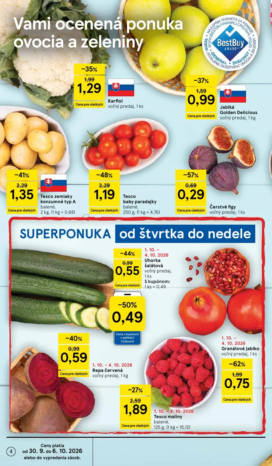 Tesco leták, strana 4 z 43 — Granátové jablko, Tesco baby paradajky balené., Tesco zemiaky konzumné typ A balené.