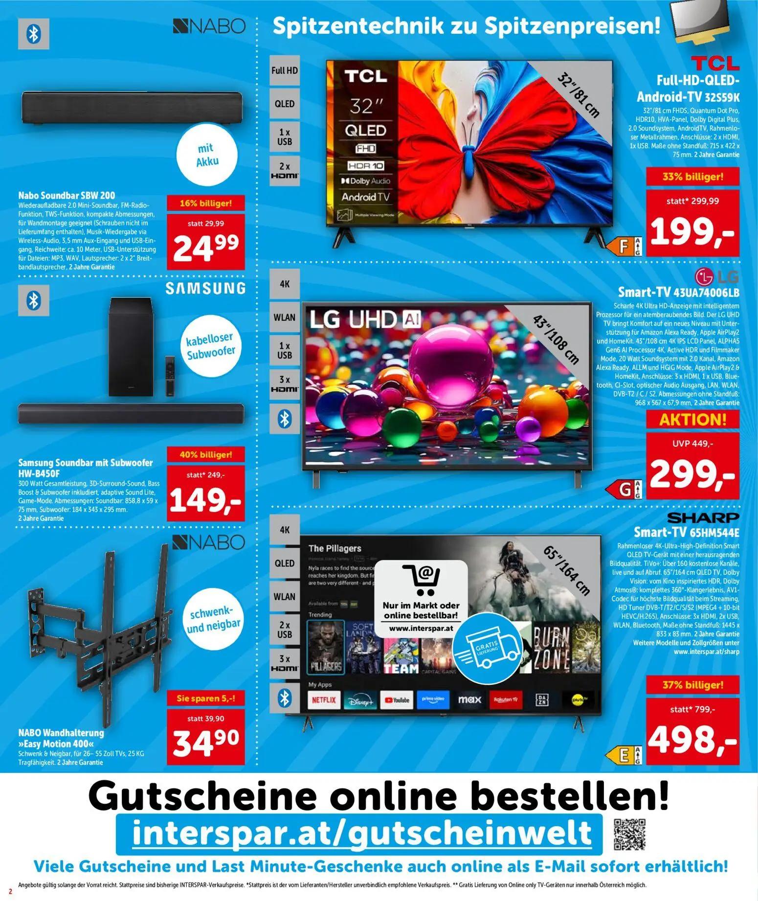 Interspar Prospekt, Seite 2 von 4 — Smart-TV 65HM544E, Smart-TV 43UA74006LB, TCL Full-HD-QLED-Android-TV 32559K