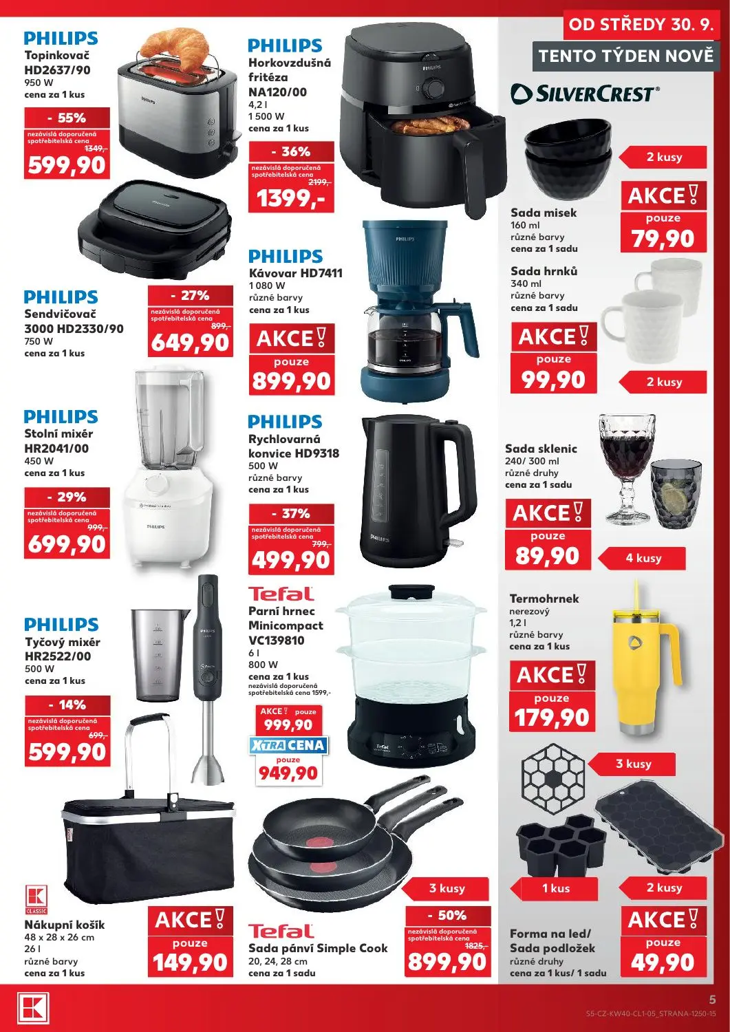 Kaufland leták, strana 5 z 8 — Tefal Sada pánví Simple Cook, PHILIPS Horkovzdušná fritéza NA120/00, PHILIPS Topinkovač HD263…