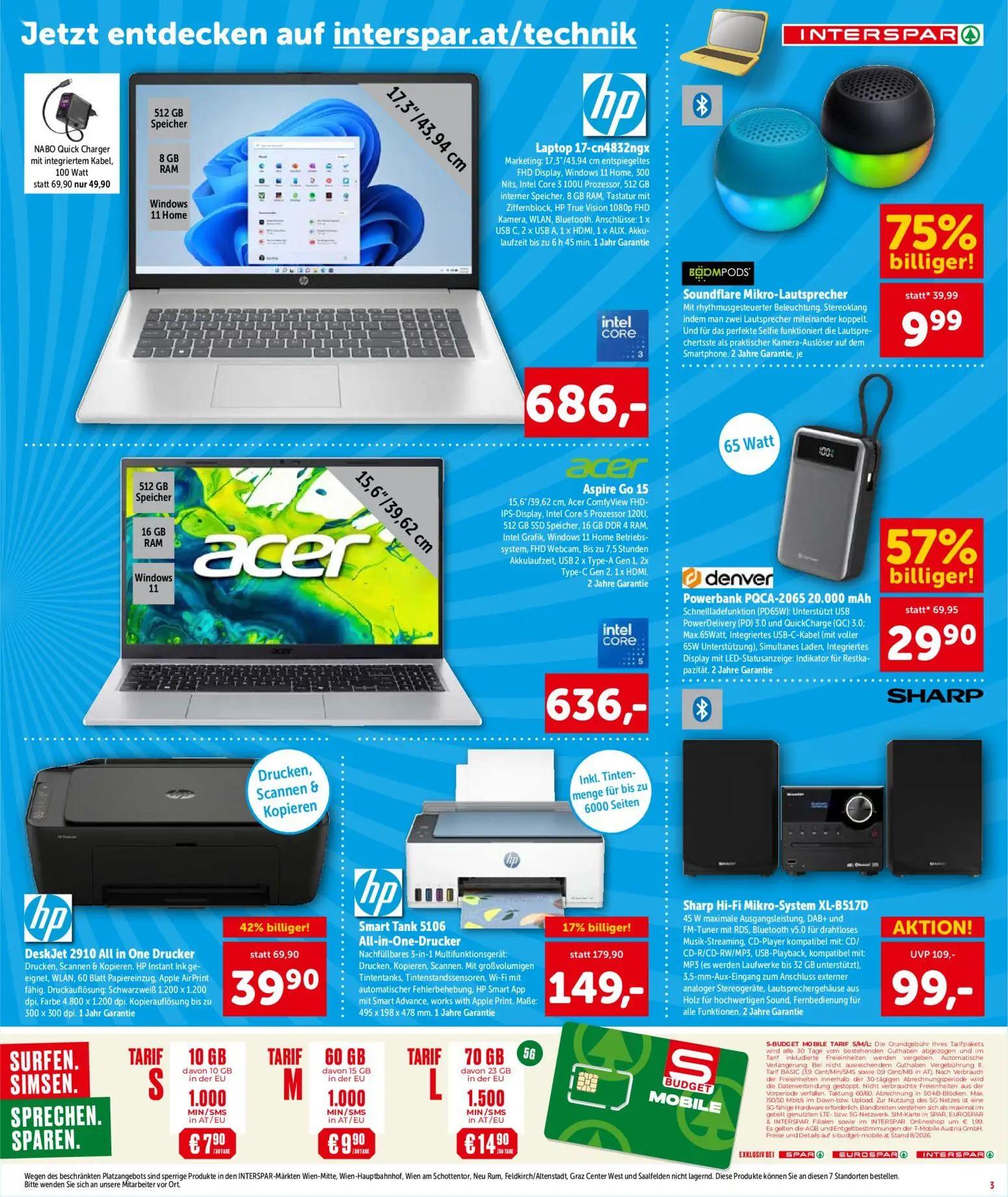 Interspar Prospekt, Seite 3 von 4 — Powerbank PQCA-2065 20.000 mAh, Smart Tank 5106 All-in-One-Drucker, Soundflare Mikro-Lau…
