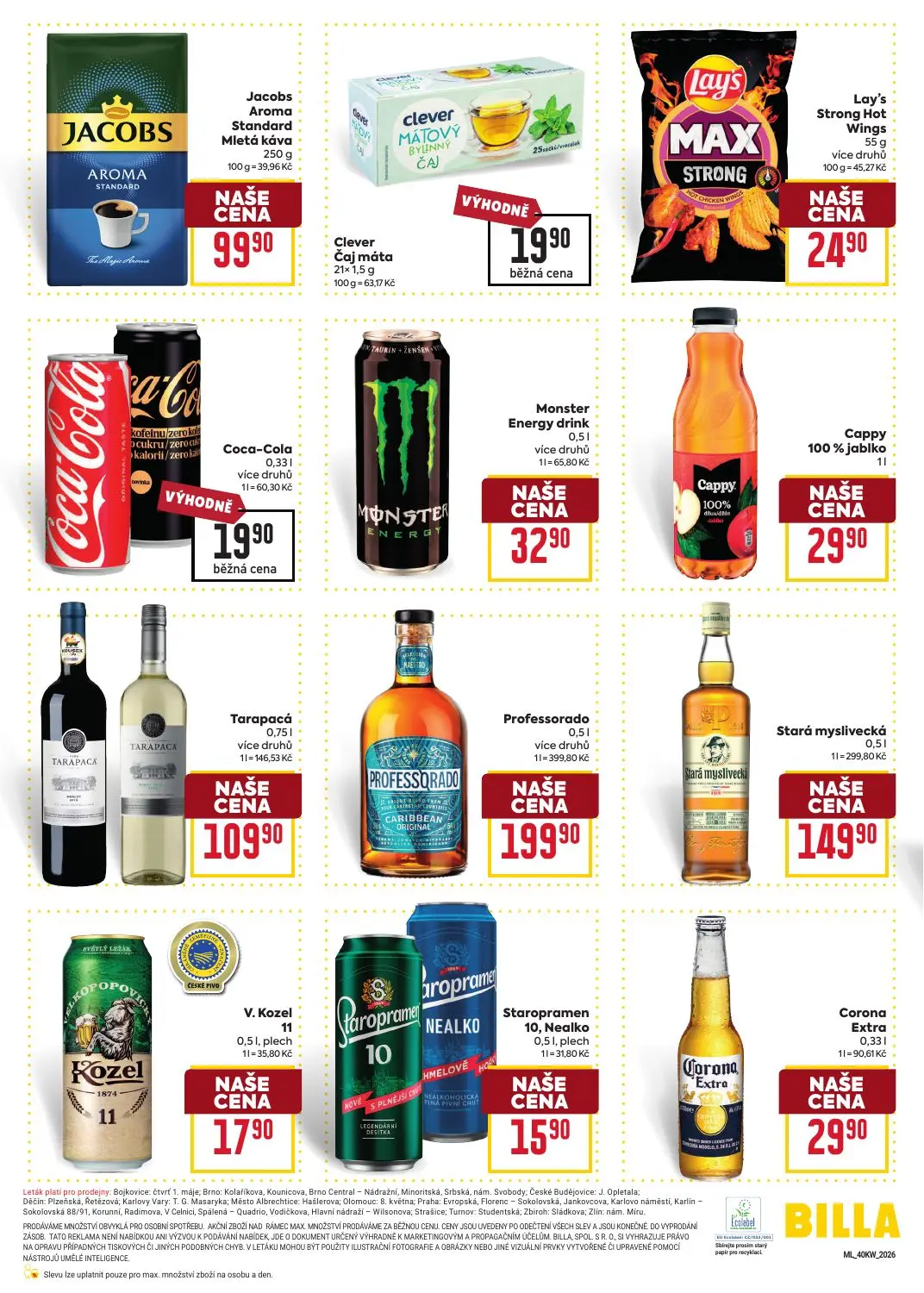 Billa leták, strana 6 z 8 — Jacobs Aroma Standard Mletá káva, Clever Čaj máta, Lay's Strong Hot Wings