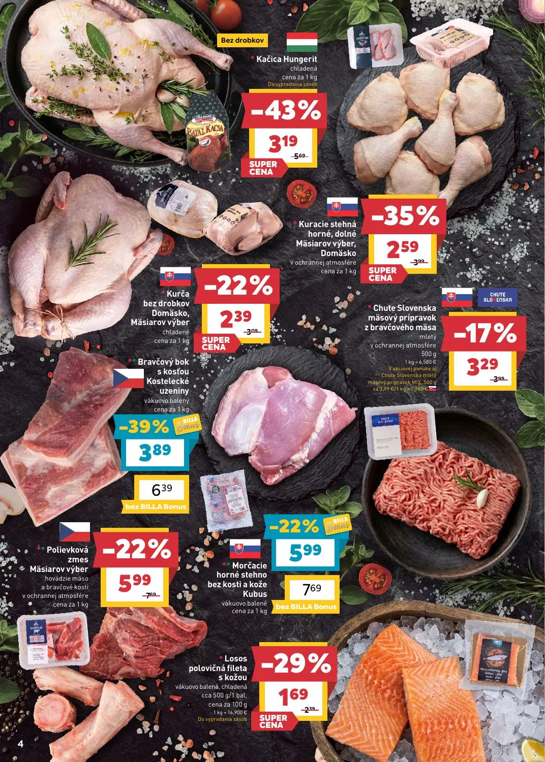 Billa leták, strana 6 z 27 — Kačica Hungerit, Bravčový bok s kosťou Kostelecké uzeniny, Morčacie horné stehno bez kosti a ko…