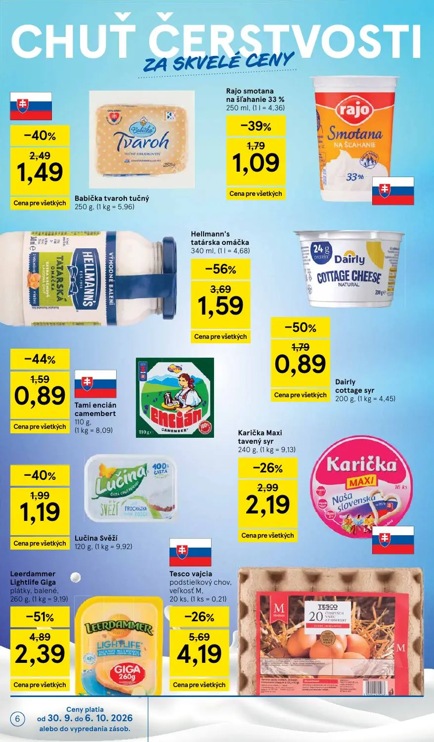 Tesco Supermarket leták, strana 6 z 30 — Leerdammer Lightlife Giga plátky, balené, Hellmann's tatárska omáčka, Tesco vajcia …