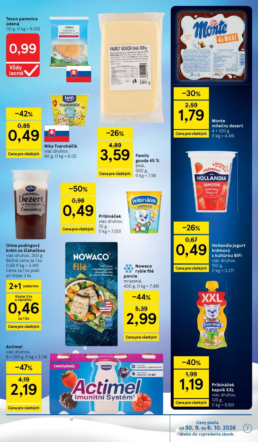 Tesco Supermarket leták, strana 7 z 30 — Nowaco rybie filé porcie mrazené, Actimel Imunitní Systém, Family gouda 45% blok