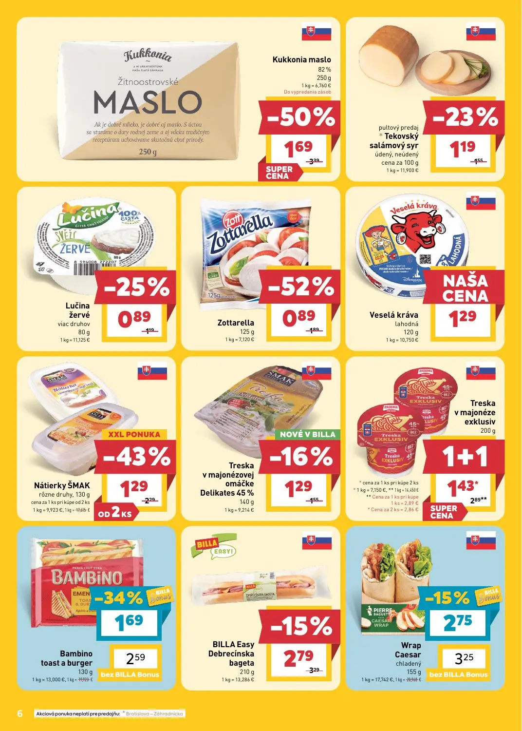 Billa leták, strana 8 z 27 — Kukkonia maslo, Treska v majonéze exklusiv, Zottarella