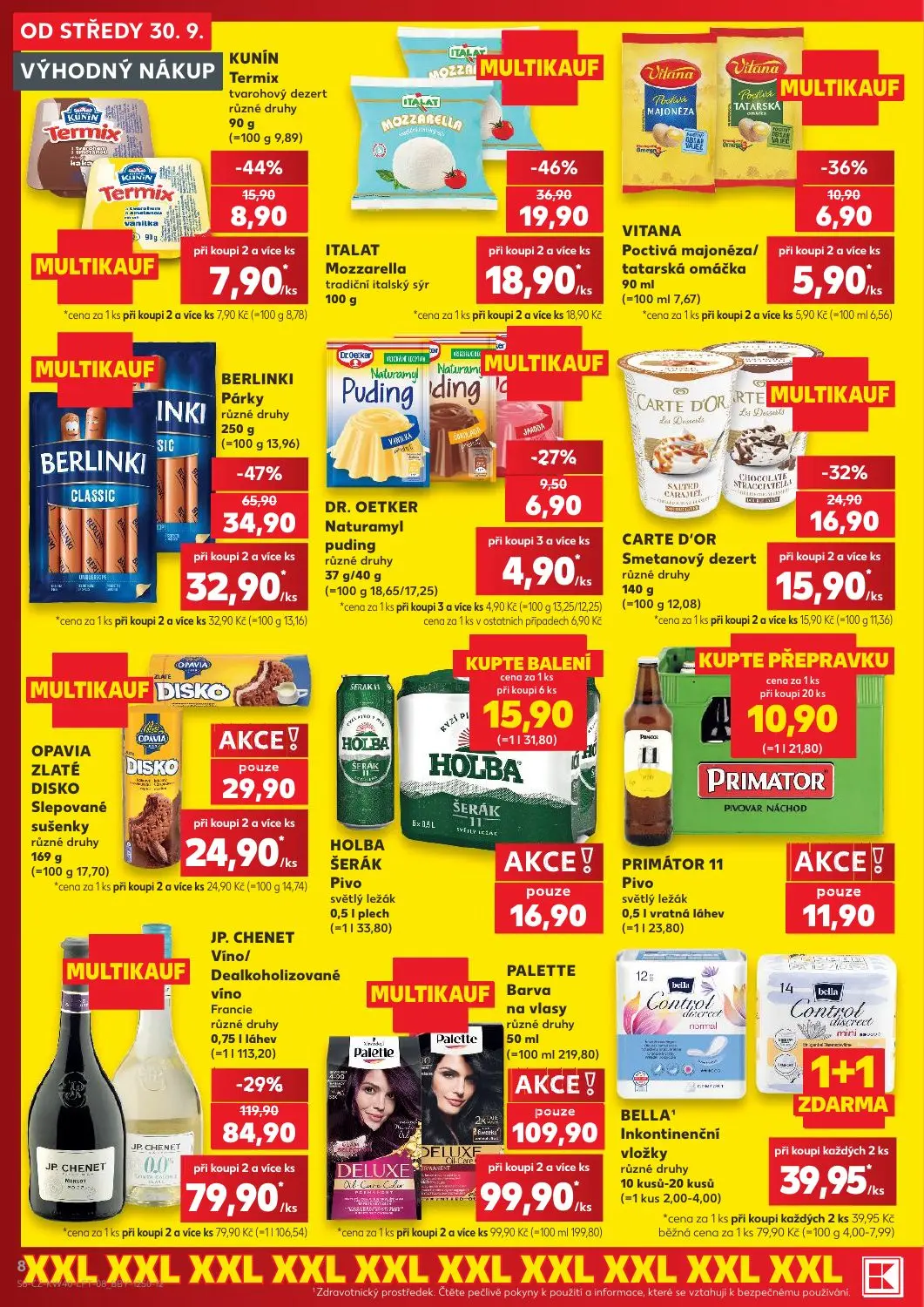 Kaufland leták, strana 8 z 54 — JP. CHENET Víno/Dealkoholizované víno Francie, BERLINKI Párky, ITALAT Mozzarella tradiční it…