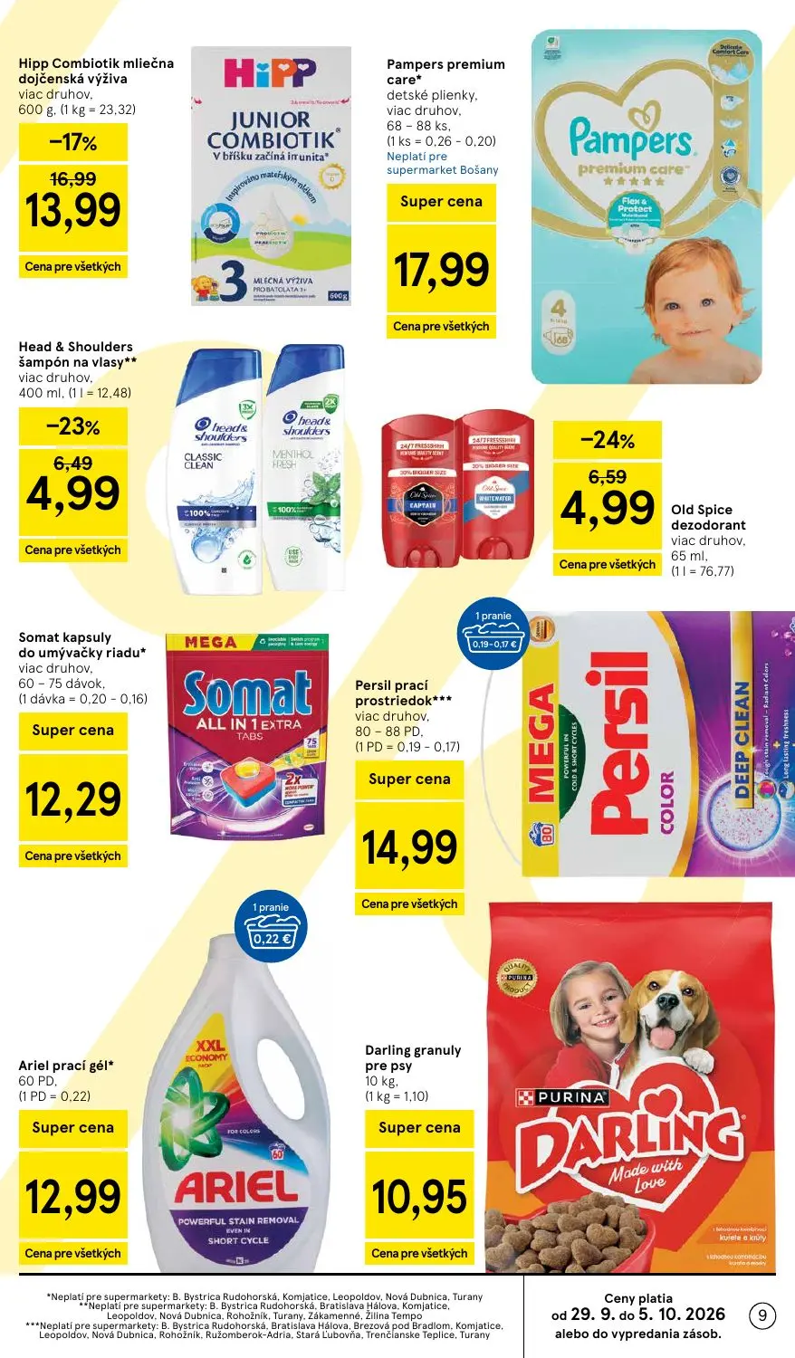 Tesco Supermarket leták, strana 9 z 30 — Hipp Combiotik mliečna dojčenská výživa, Old Spice dezodorant, Head & Shoulders šam…