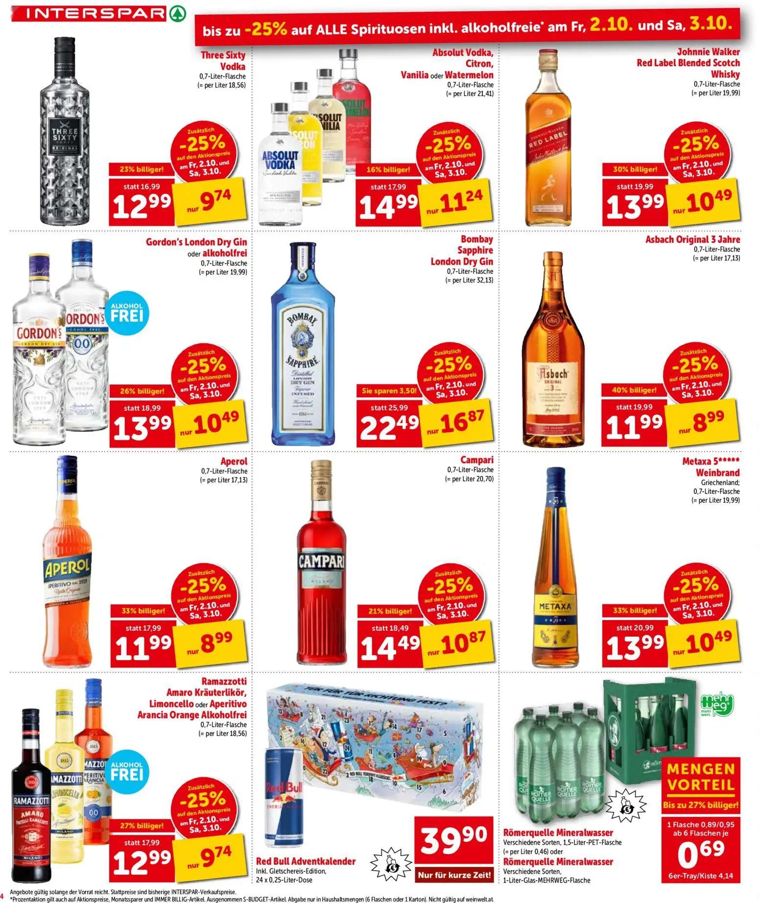 Interspar Prospekt, Seite 4 von 16 — Asbach Original 3 Jahre, Metaxa 5***** Weinbrand, Johnnie Walker Red Label Blended Scot…