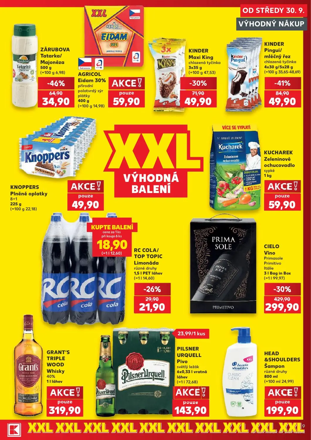 Kaufland leták, strana 9 z 54 — CIELO Vino Primasole Primitivo Itálie, KINDER Pingui/mléčný řez chlazená tyčinka, ZÁRUBOVA T…