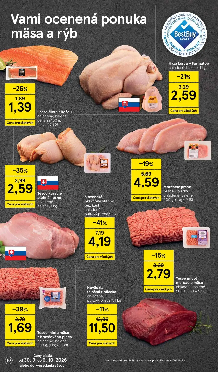 Tesco leták, strana 10 z 43 — Slovenské bravčové stehno bez kosti chladené, pultový predaj*., Hovädzia falošná z pliecka chl…