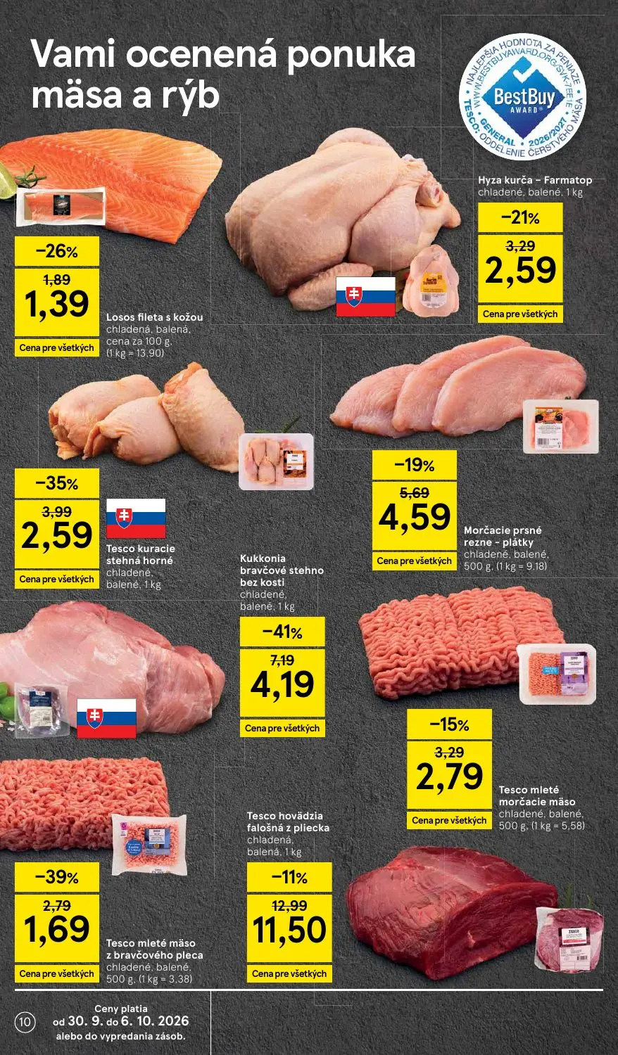 Tesco Supermarket leták, strana 10 z 30 — Kukkonia bravčové stehno bez kosti chladené, balené, Tesco hovädzia falošná z plie…