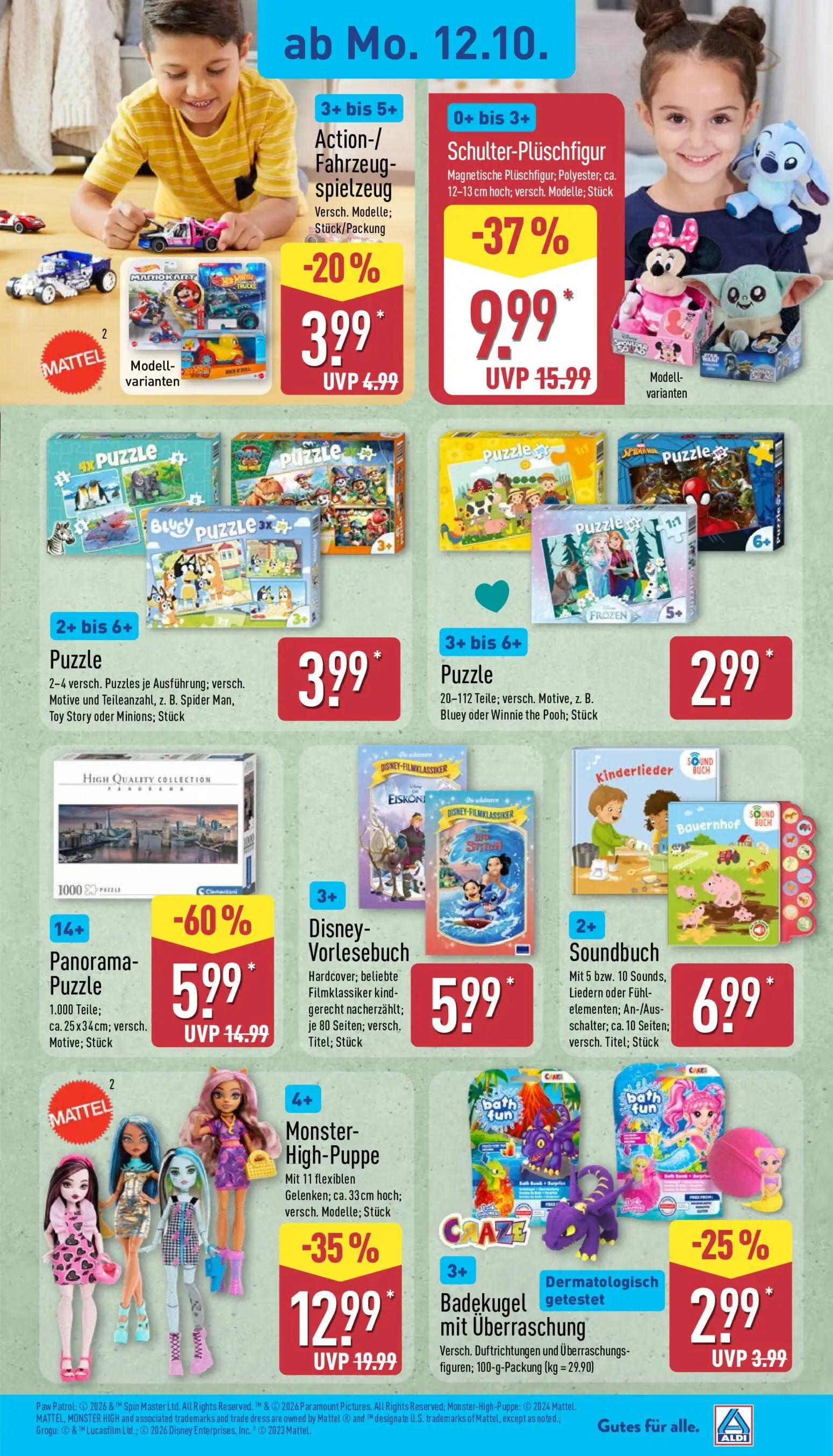 Aldi Nord Prospekt, Seite 4 von 15 — Panorama-Puzzle, Monster-High-Puppe, Schulter-Plüschfigur