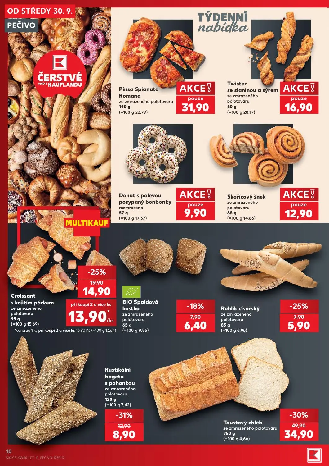 Kaufland leták, strana 10 z 54 — Toustový chléb, Croissant s krůtím párkem, Rustikální bageta s pohankou