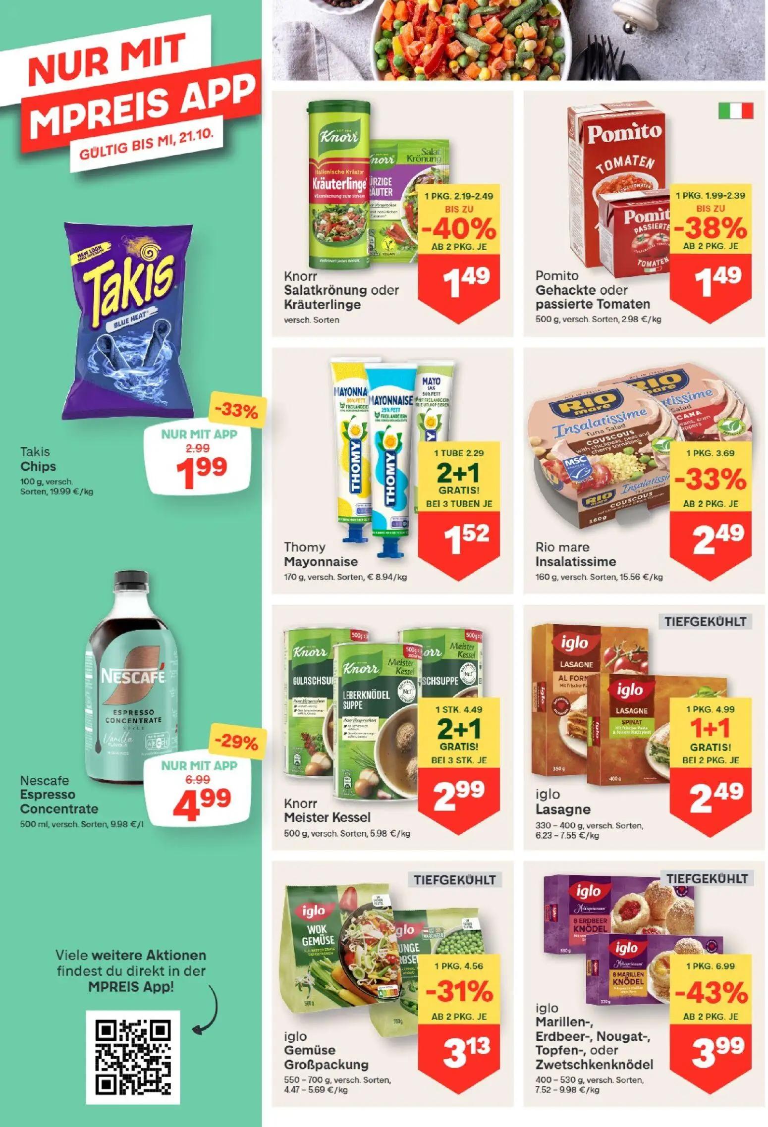MPREIS Prospekt, Seite 8 von 15 — iglo Marillen-, Erdbeer-, Nougat-, Topfen-, oder Zwetschkenknödel, iglo Lasagne, Nescafe E…