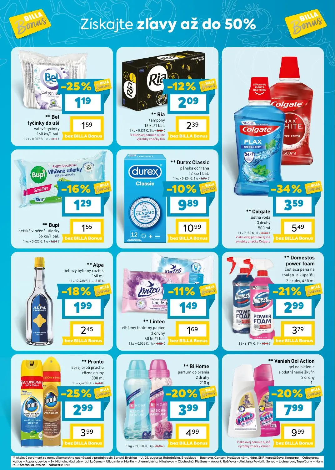 Billa leták, strana 9 z 9 — Vanish Oxi Action gél na bielenie a odstránenie škvŕn, Colgate ústna voda, Durex Classic pánska …
