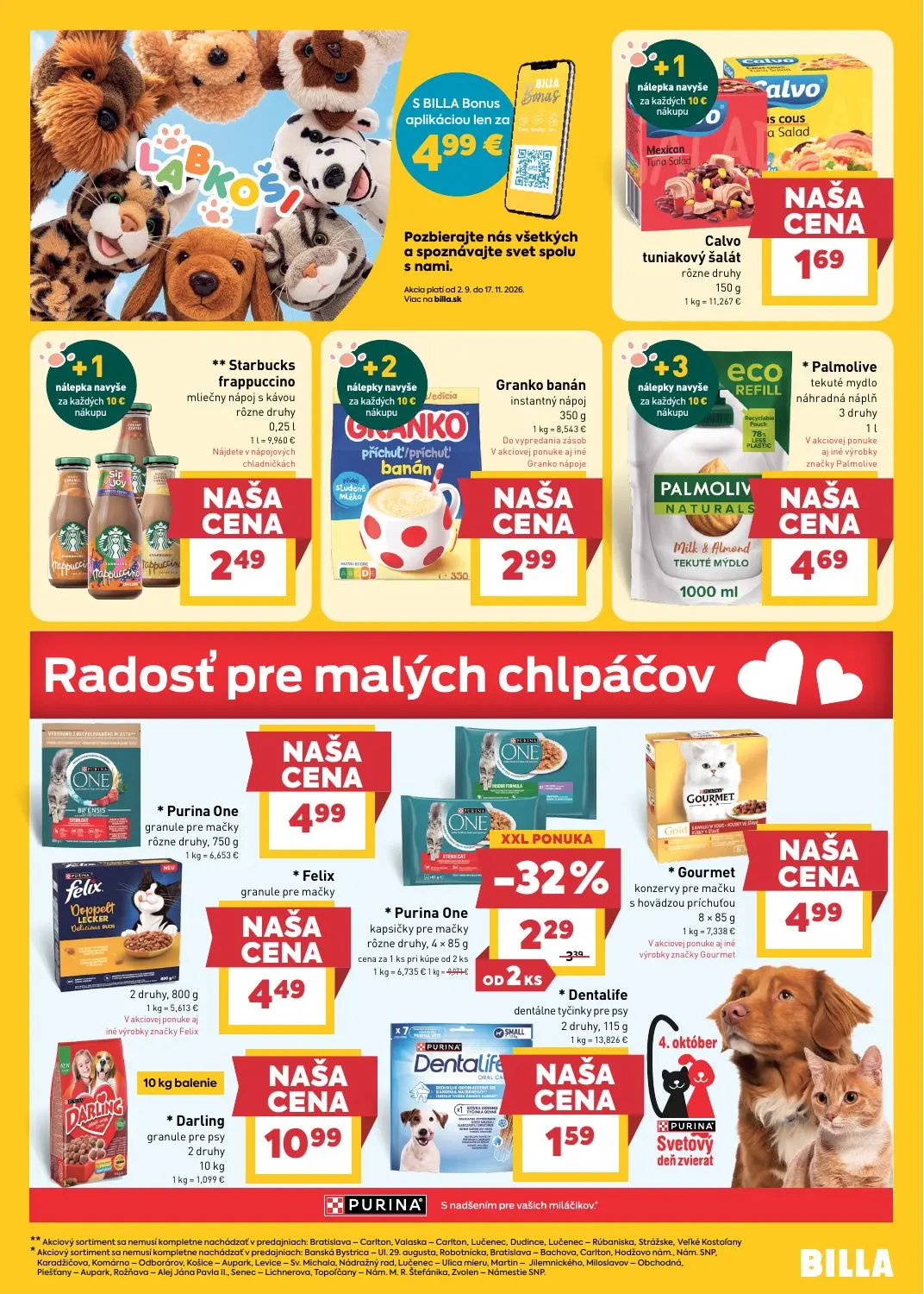 Billa leták, strana 11 z 27 — Purina One kapsičky pre mačky, Calvo tuniakový šalát, Starbucks frappuccino mliečny nápoj s ká…