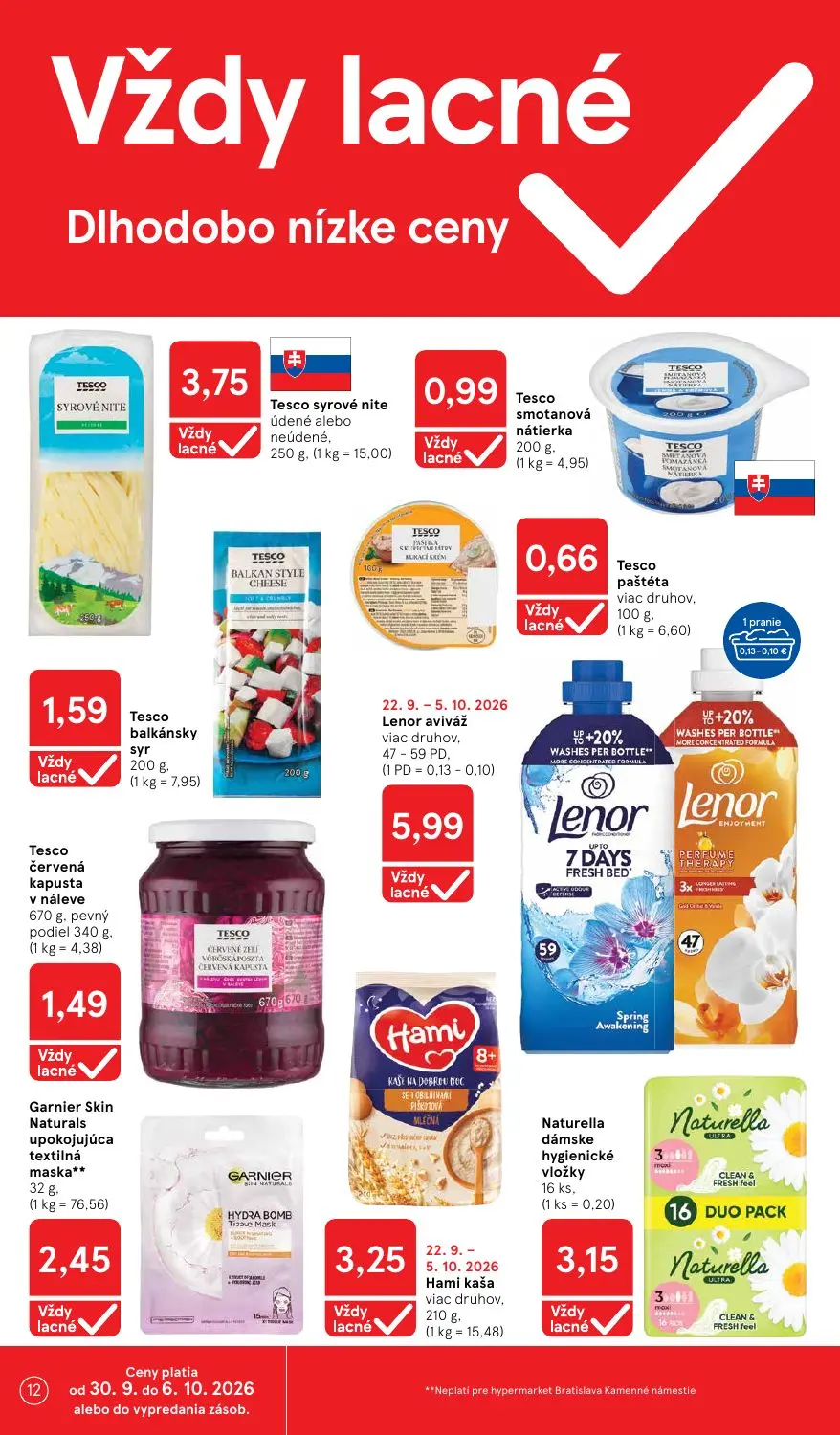 Tesco leták, strana 12 z 43 — Tesco syrové nite údené alebo neúdené,, Tesco smotanová nátierka, Tesco paštéta viac druhov,