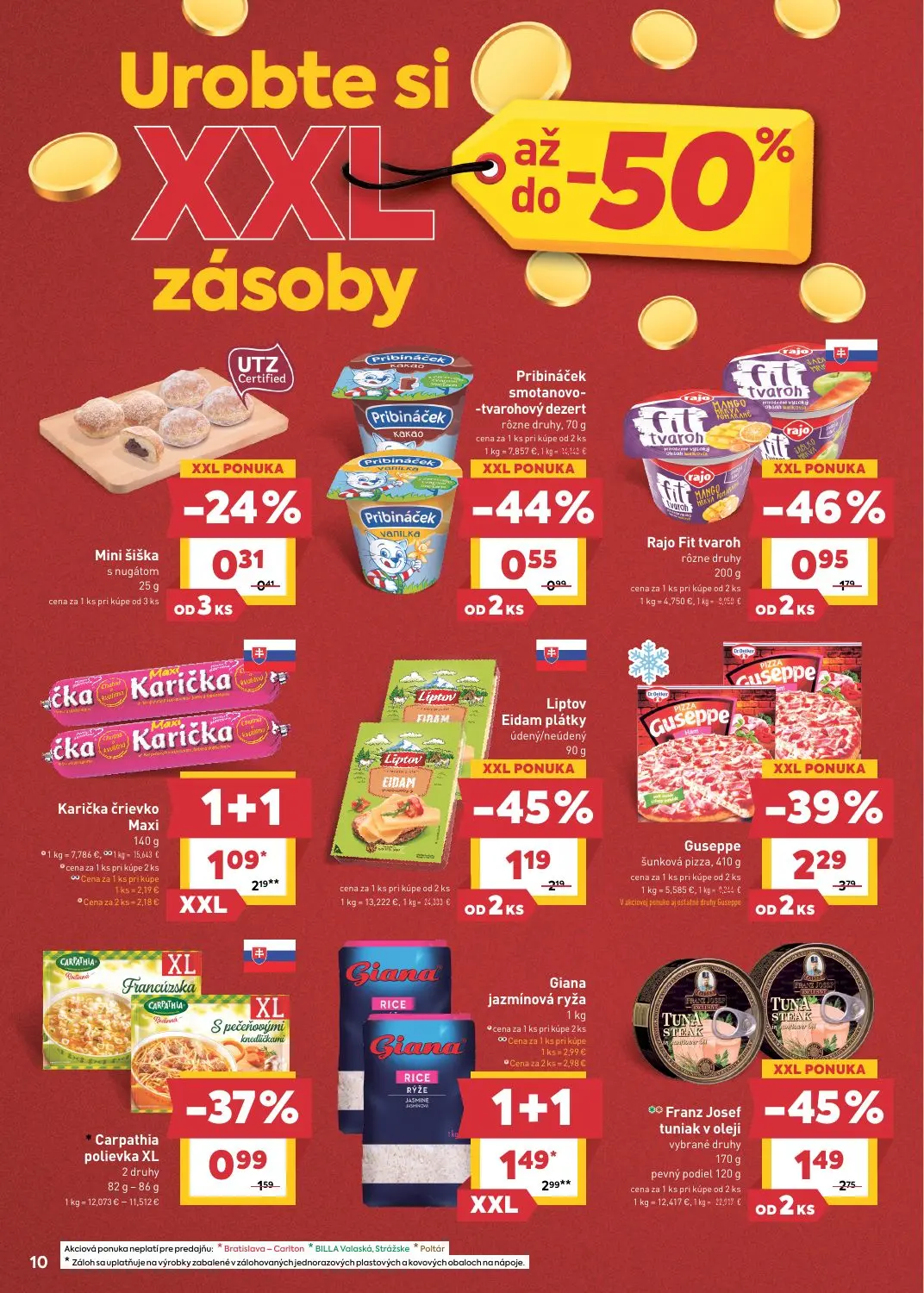 Billa leták, strana 12 z 27 — Guseppe šunková pizza, Giana jazmínová ryža, Franz Josef tuniak v oleji
