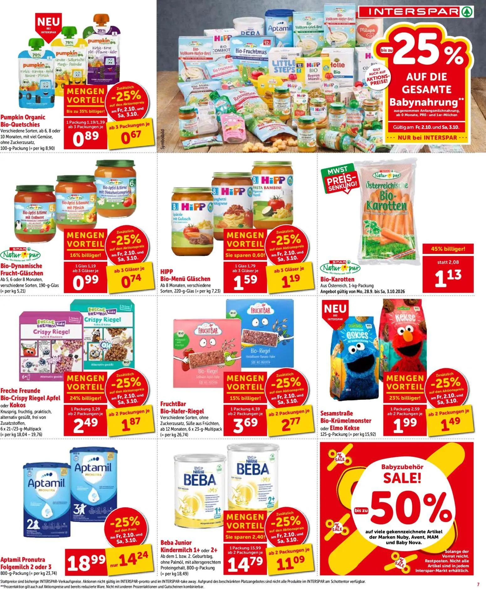 Interspar Prospekt, Seite 7 von 16 — Beba Junior Kindermilch 1+ oder 2+, Aptamil Pronutra Folgemilch 2 oder 3, FruchtBar Bio…