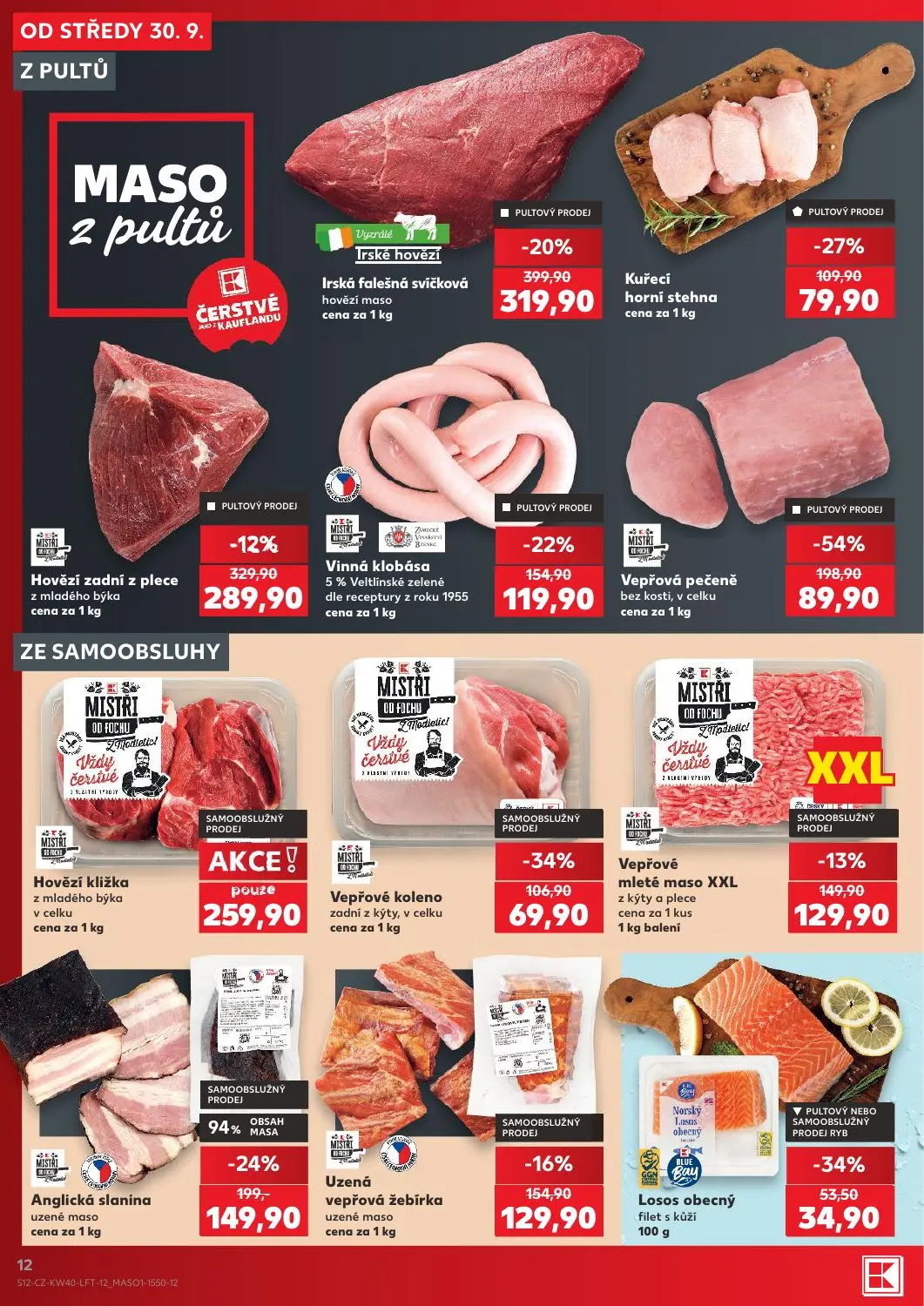 Kaufland leták, strana 12 z 54 — Vepřová pečeně bez kosti, Irská falešná svíčková hovězí maso, Anglická slanina uzené maso