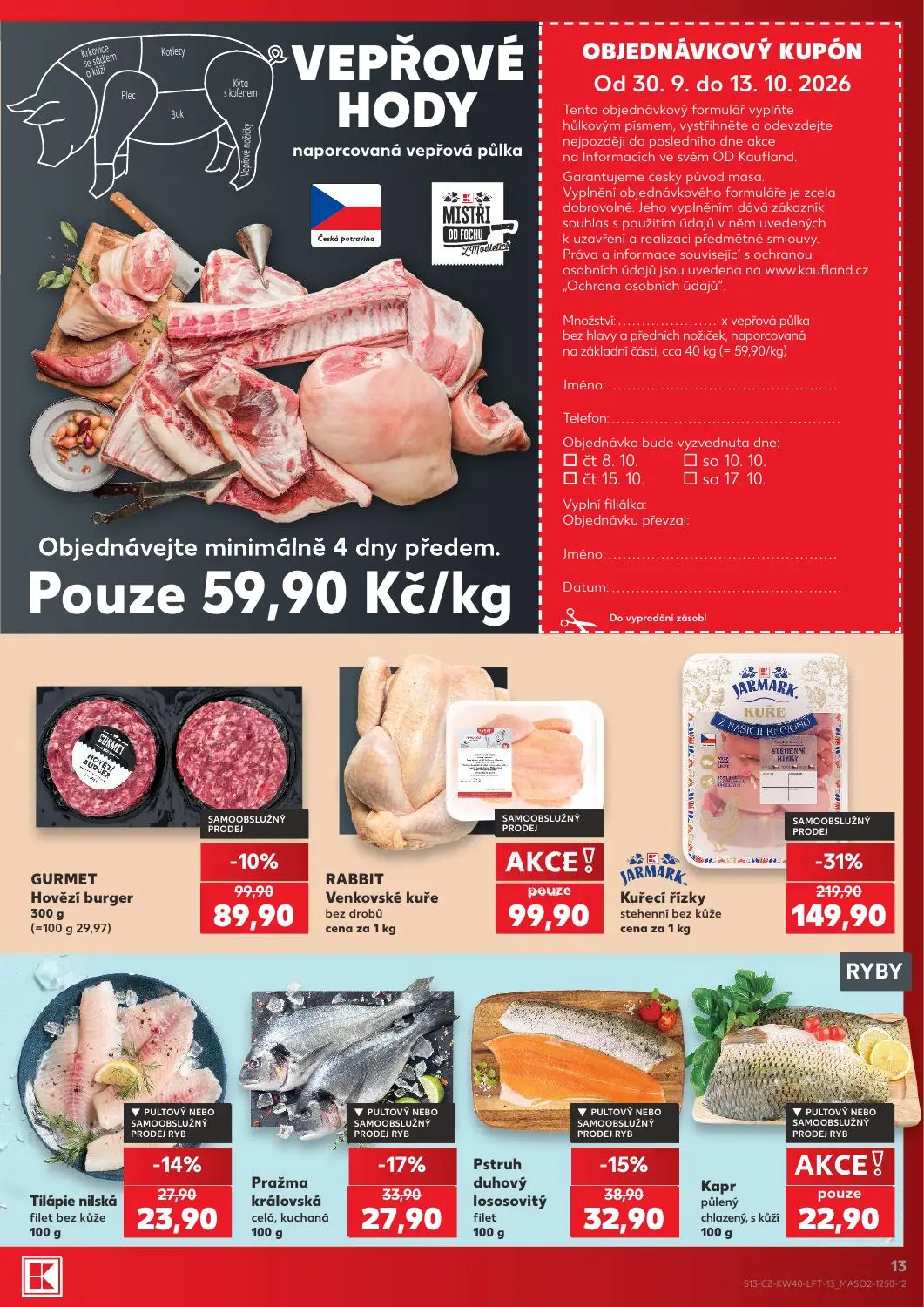 Kaufland leták, strana 13 z 54 — Kuřecí řízky, Hovězí burger, Pražma královská