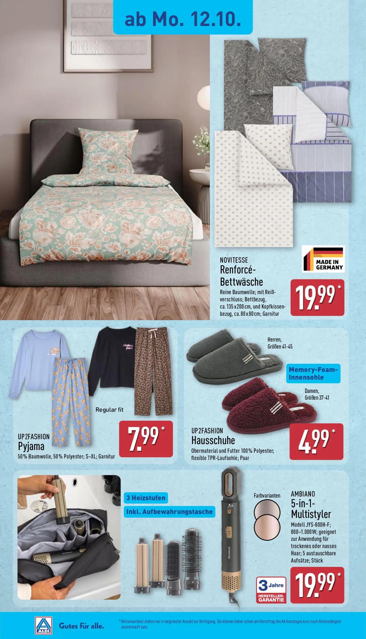 Aldi Nord Prospekt, Seite 7 von 15 — NOVITESSE Renforcé-Bettwäsche, UP2FASHION Pyjama, UP2FASHION Hausschuhe