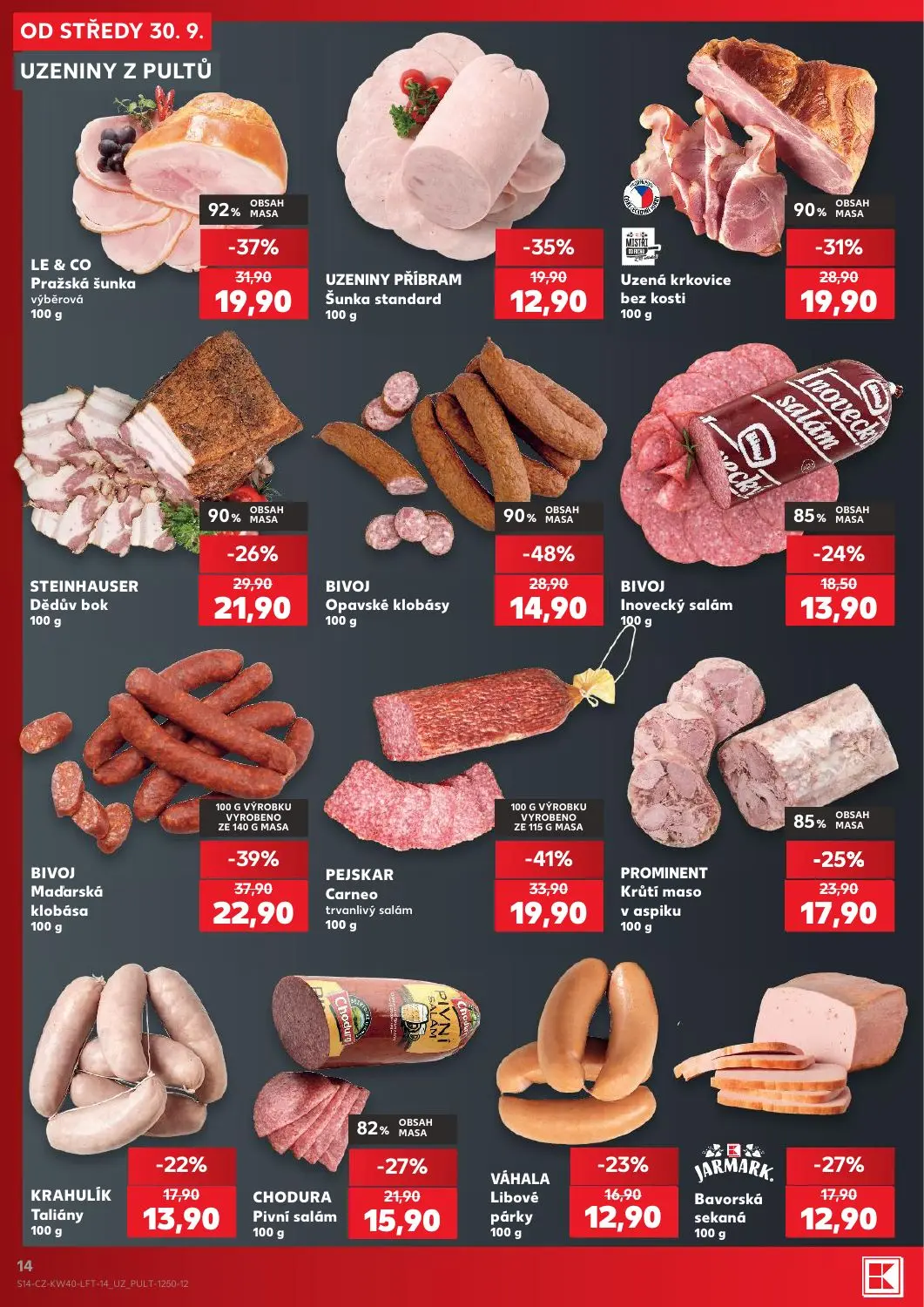 Kaufland leták, strana 14 z 54 — Maďarská klobása, Opavské klobásy, Carneo trvanlivý salám