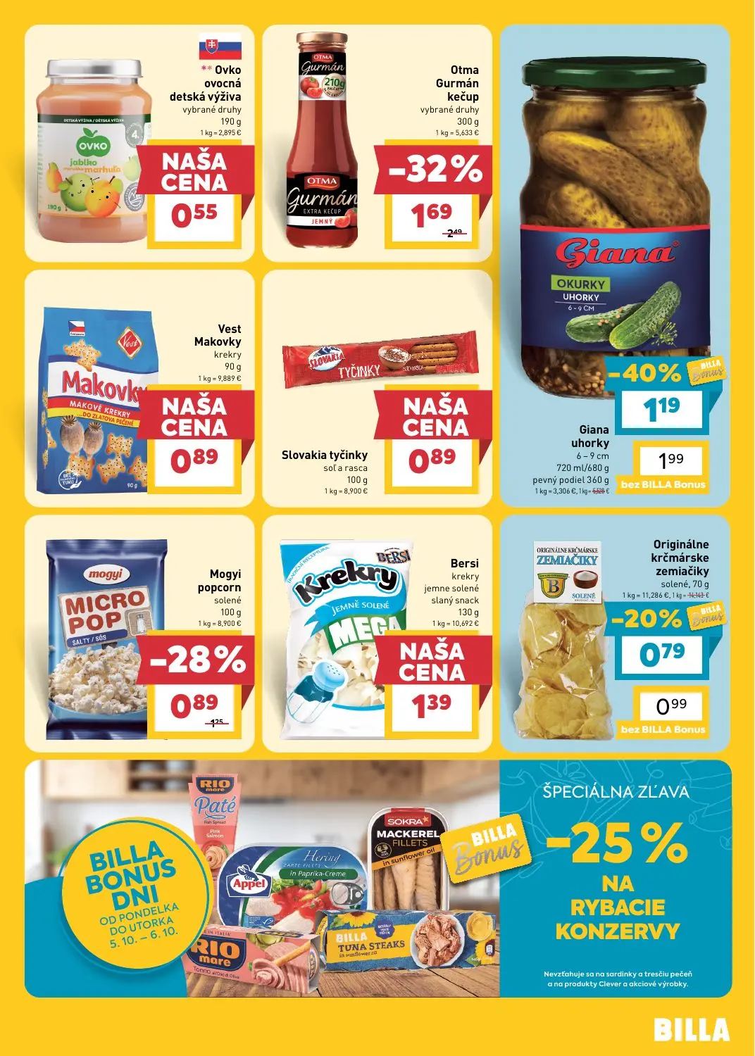 Billa leták, strana 15 z 27 — Otma Gurmán kečup, Giana uhorky, Mogyi popcorn solené
